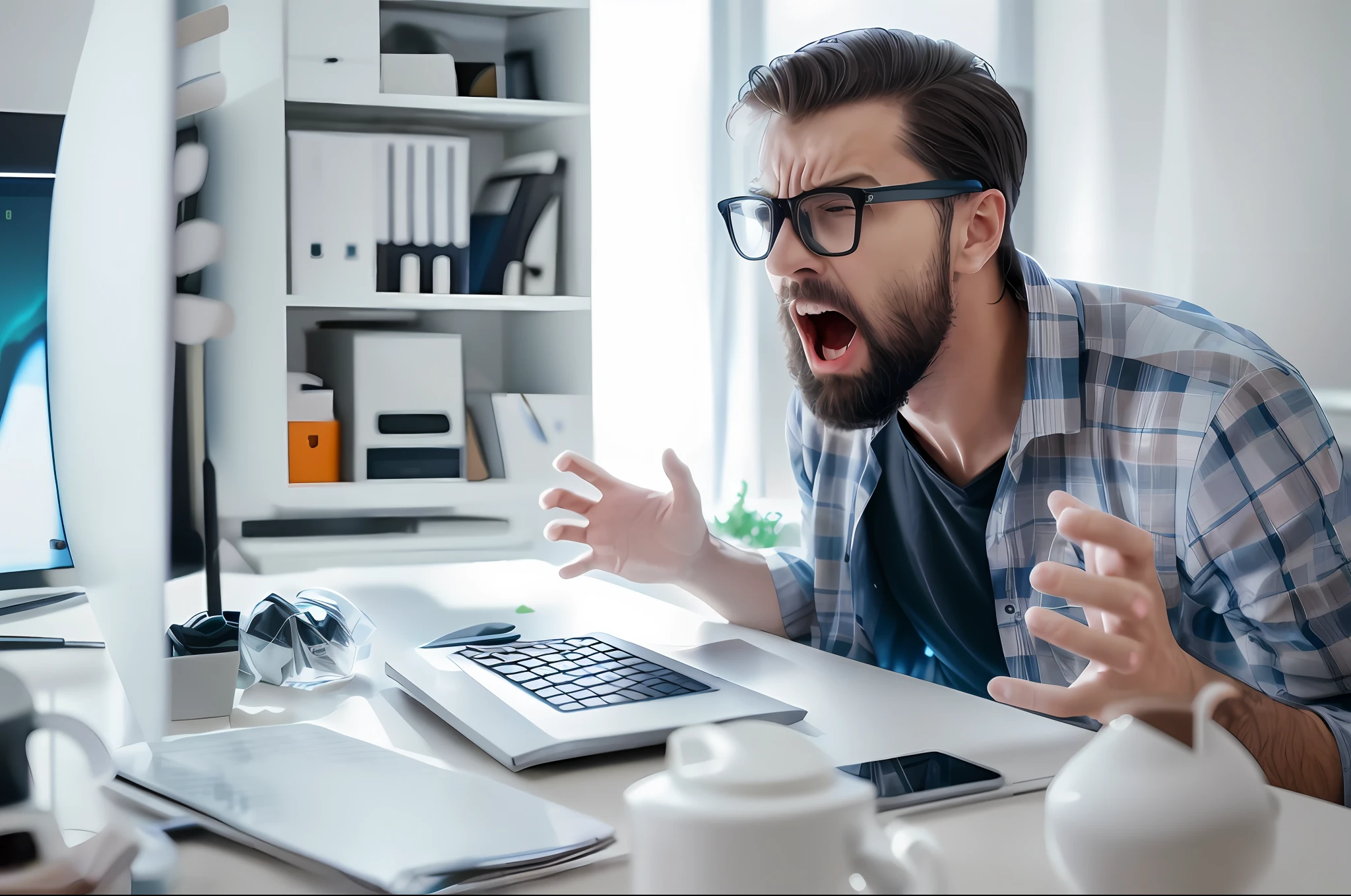 there is a man sitting at a desk with a computer and a keyboard, shutterstock, the man is screaming and sad, frustrated expression, frustrated face, frustrated detailed, frustrated, angry man, he is screaming, istock, it is visibly angry at the tv, mad man screaming, a photo of a disheveled man, man screaming