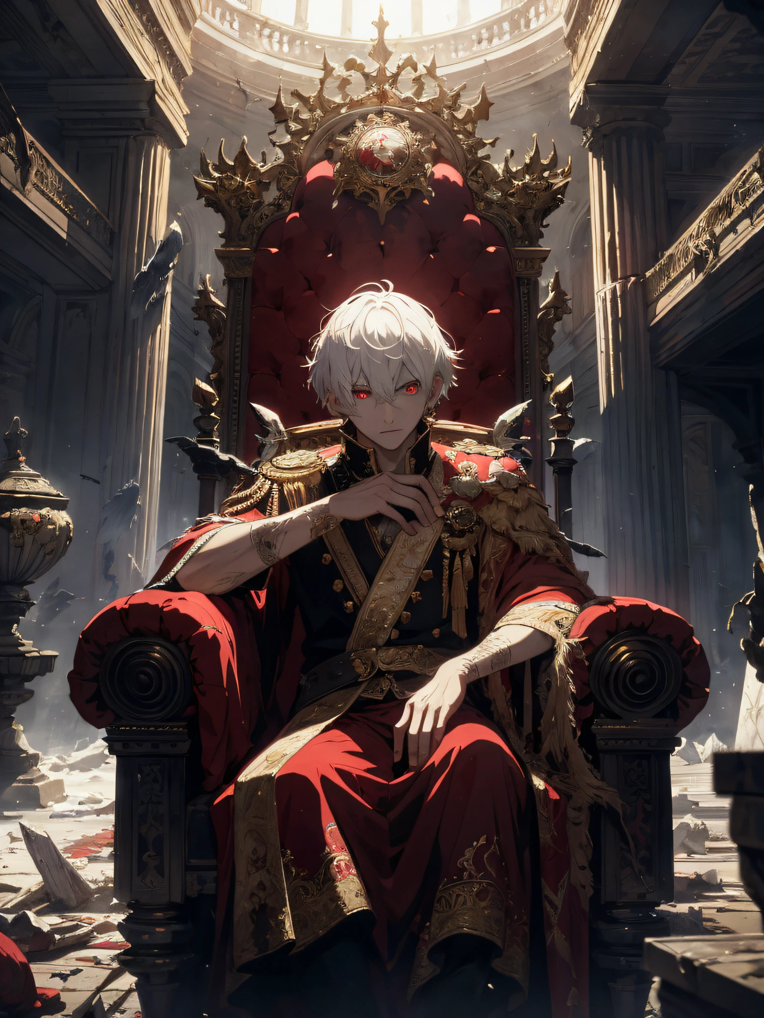 A white-haired, red-eyed prince sits on a majestic throne inside an abandoned palace. The environment around him is dark and gloomy, with cracks in the walls and cobwebs hanging there. The throne is ornate, with details in gold and precious stones, and is covered by a dusty cloth. The protagonist is wearing royal clothing, with a determined expression on his face, as he stares at the horizon with glowing red eyes, masterpiece, best quality, ultra-detailed, illustration, 8k resolution concept art, fantasy art, epic art, concept art wallpaper 4k, deep color, natural lighting