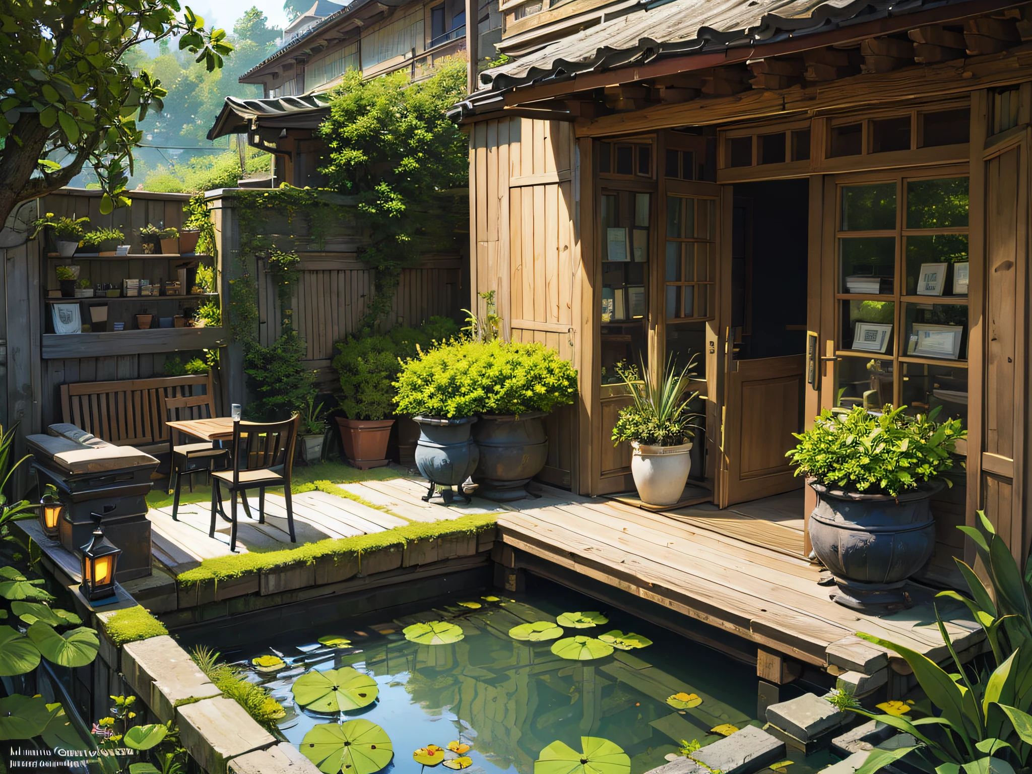 (micro-landscape:1.5),(best quality), ((masterpiece)), (highres), illustration, original, extremely detailed wallpaper, no humans, window, scenery, plant, water, potted plant, outdoors, building, door, house,  flower pot, day, lily pad, chair, flower, table, stairs, watermark, hat, tree,  sunlight, pond, grass, indoors,  reflection, lamp, balcony, black headwear, bush, sky, railing, desk, open window, shelf, leaf, book, web address, copyright name, ladder, architecture, shadow, solo, dated, vines, vase, city, cafe, lantern, bucket, ruins, bench, shop, signature, moss, boat, barrel, river,