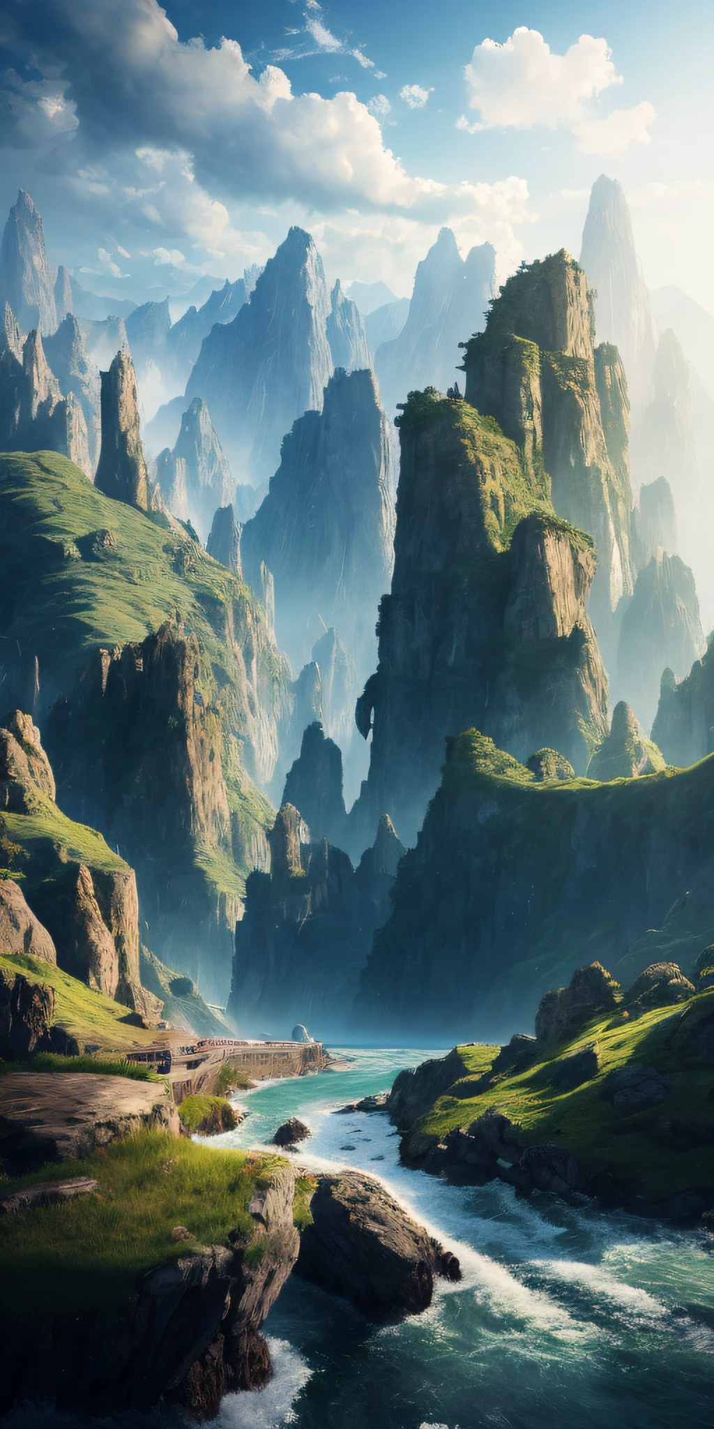 masterpiece, best quality, high quality, extremely detailed CG unity 8k wallpaper, scenery, outdoors, sky, cloud, day, no humans, mountain, landscape, water, tree, blue sky, waterfall, cliff, nature, lake, river, cloudy sky,award winning photography, Bokeh, Depth of Field, HDR, bloom, Chromatic Aberration ,Photorealistic,extremely detailed, trending on artstation, trending on CGsociety, Intricate, High Detail, dramatic, art by midjourney