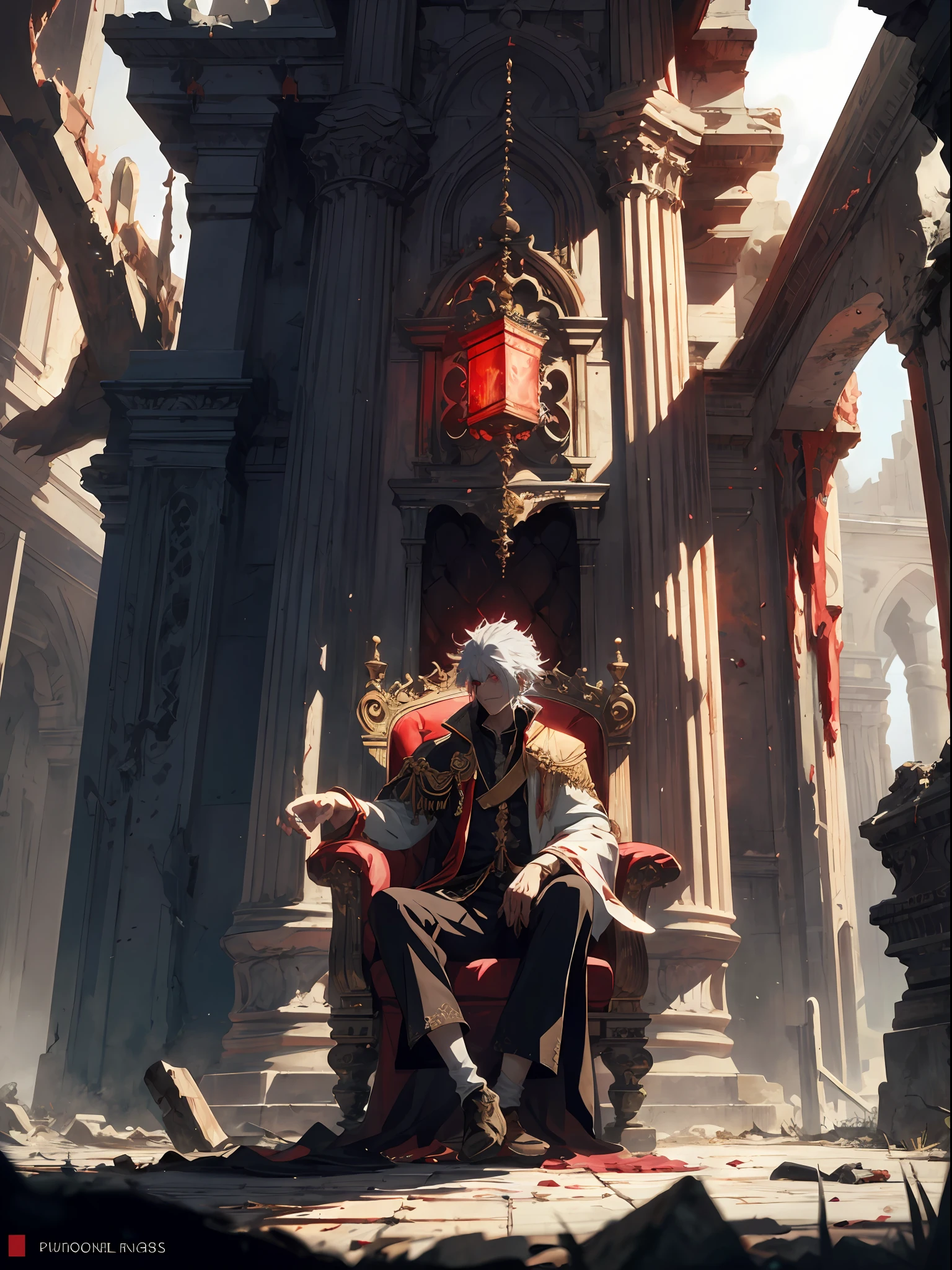 A white-haired, red-eyed prince sits on a majestic throne inside an abandoned palace. The environment around him is dark and gloomy, with cracks in the walls and cobwebs hanging there. The throne is ornate, with details in gold and precious stones, and is covered by a dusty cloth. The protagonist is wearing royal clothing, with a determined expression on his face, as he stares at the horizon with glowing red eyes, masterpiece, best quality, ultra-detailed, illustration, 8k resolution concept art, fantasy art, epic art, concept art wallpaper 4k, deep color, natural lighting