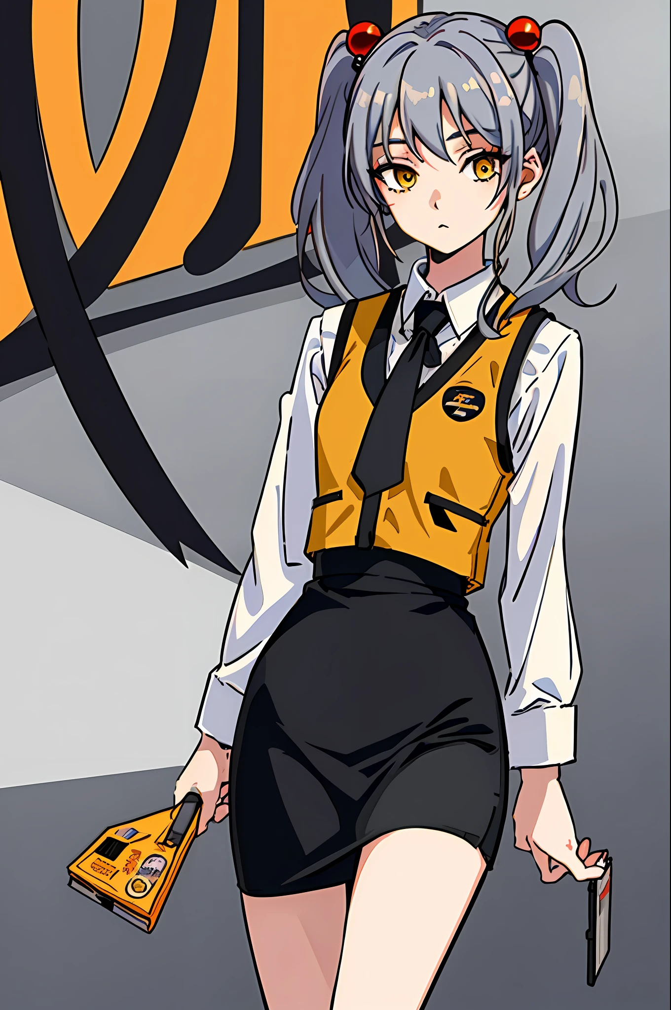(masterpiece, top quality; 1.3), super detailed, watching the viewer, 1 girl, solo, Hoshi Norli, 16 years old, gray hair, yellow_eyes, rest, orange vest, shirt with white collar, black tie, parted bangs, small breasts, twin tails, hair bobble, black short pencil skirt,