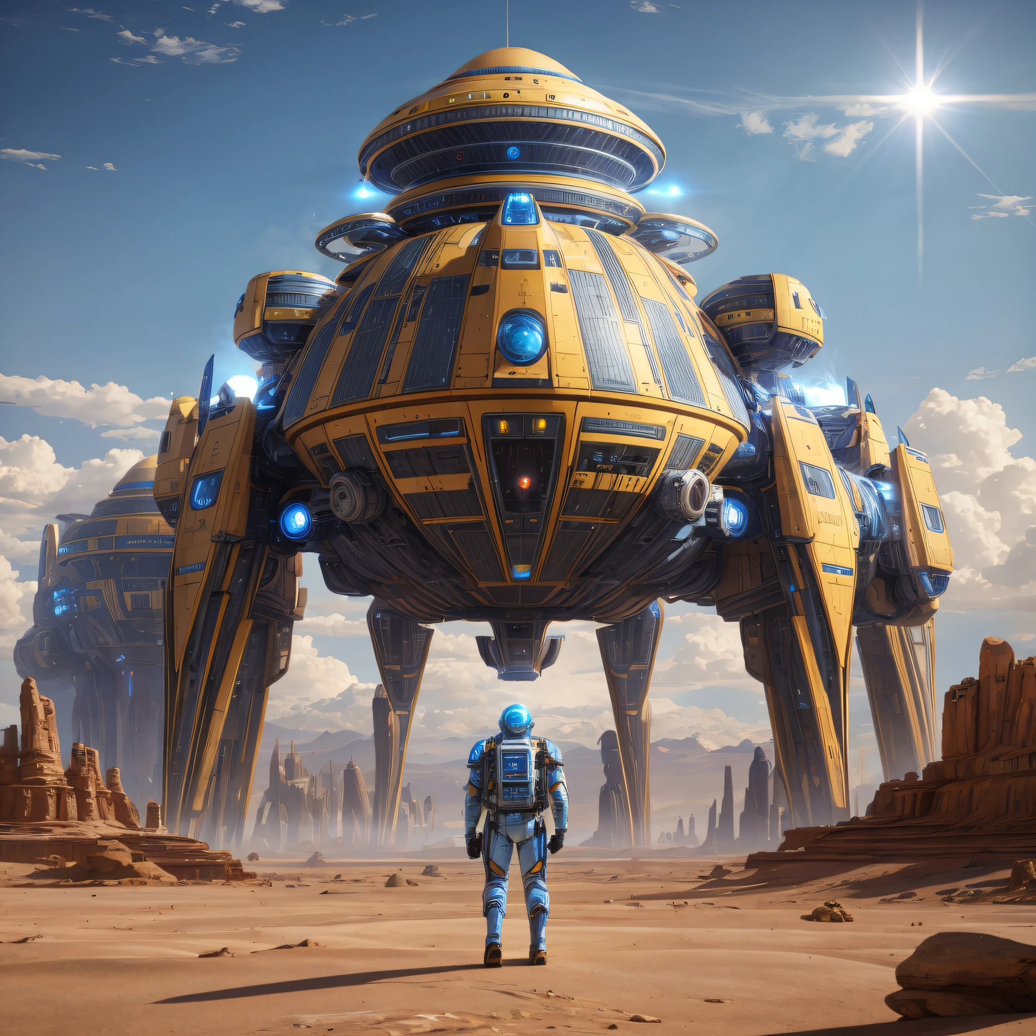 futuristic sci - fio - fio with a man in a space suit walking in front of a giant spaceship, jessica rossier fantasy art, greg beeple, 8 k high detail concept art, sci-fi magic highly detailed, sci-fi highly detailed, 8k hd concept art, 3 d render beeple