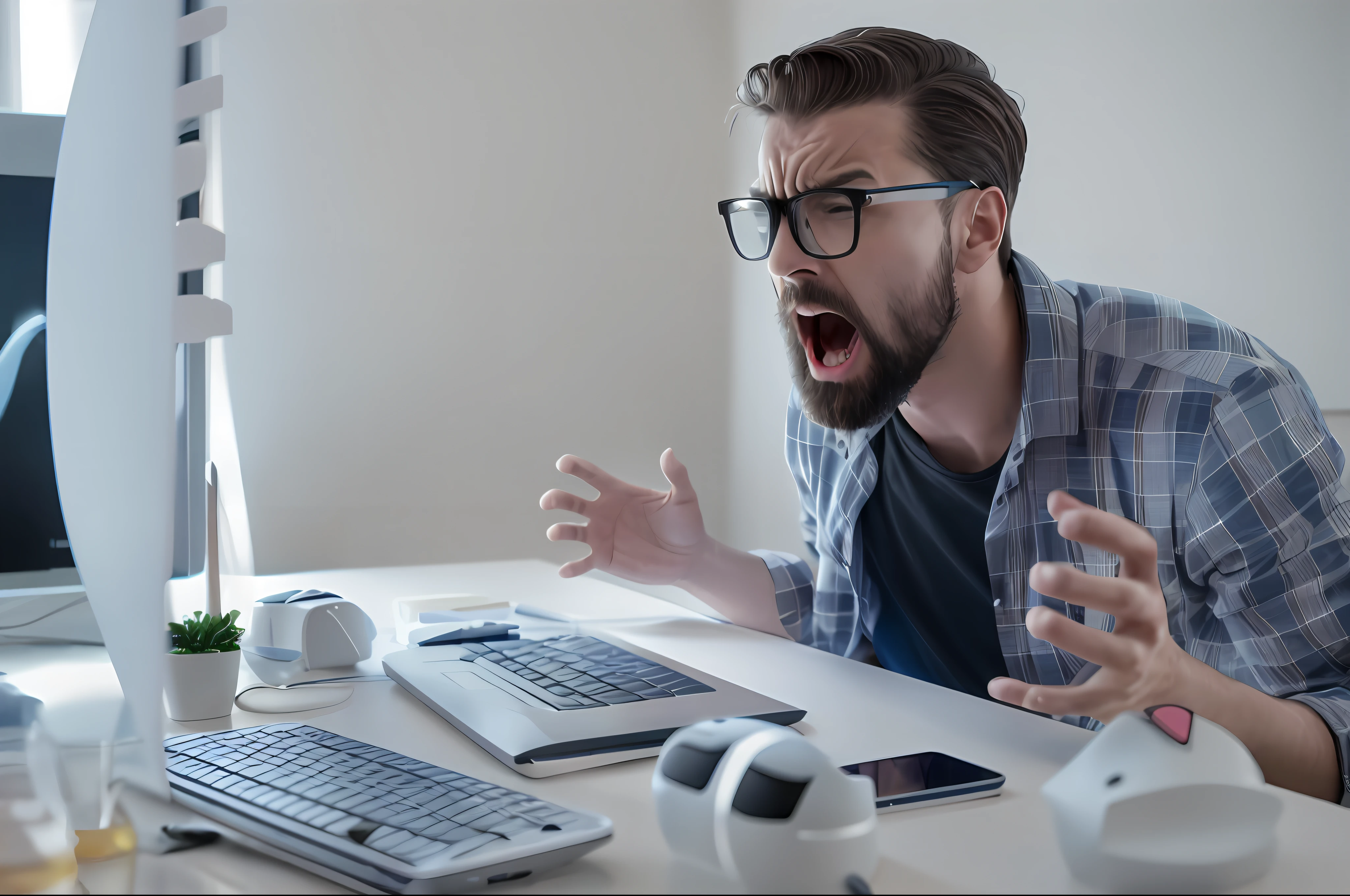 there is a man sitting at a desk with a computer and a keyboard, shutterstock, the man is screaming and sad, frustrated expression, frustrated face, frustrated detailed, frustrated, angry man, he is screaming, istock, it is visibly angry at the tv, mad man screaming, a photo of a disheveled man, man screaming