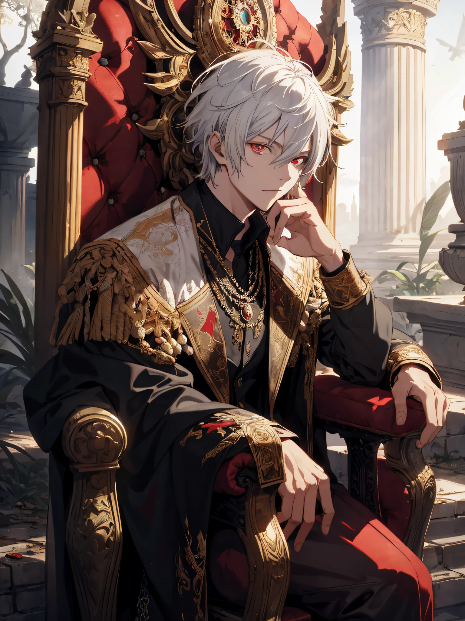A white-haired, red-eyed prince sits on a majestic throne inside an abandoned palace. The environment around him is dark and gloomy, with cracks in the walls and cobwebs hanging there. The throne is ornate, with details in gold and precious stones, and is covered by a dusty cloth. The protagonist is wearing royal clothing, with a determined expression on his face, as he stares at the horizon with glowing red eyes, masterpiece, best quality, ultra-detailed, illustration, 8k resolution concept art, fantasy art, epic art, concept art wallpaper 4k, deep color, natural lighting