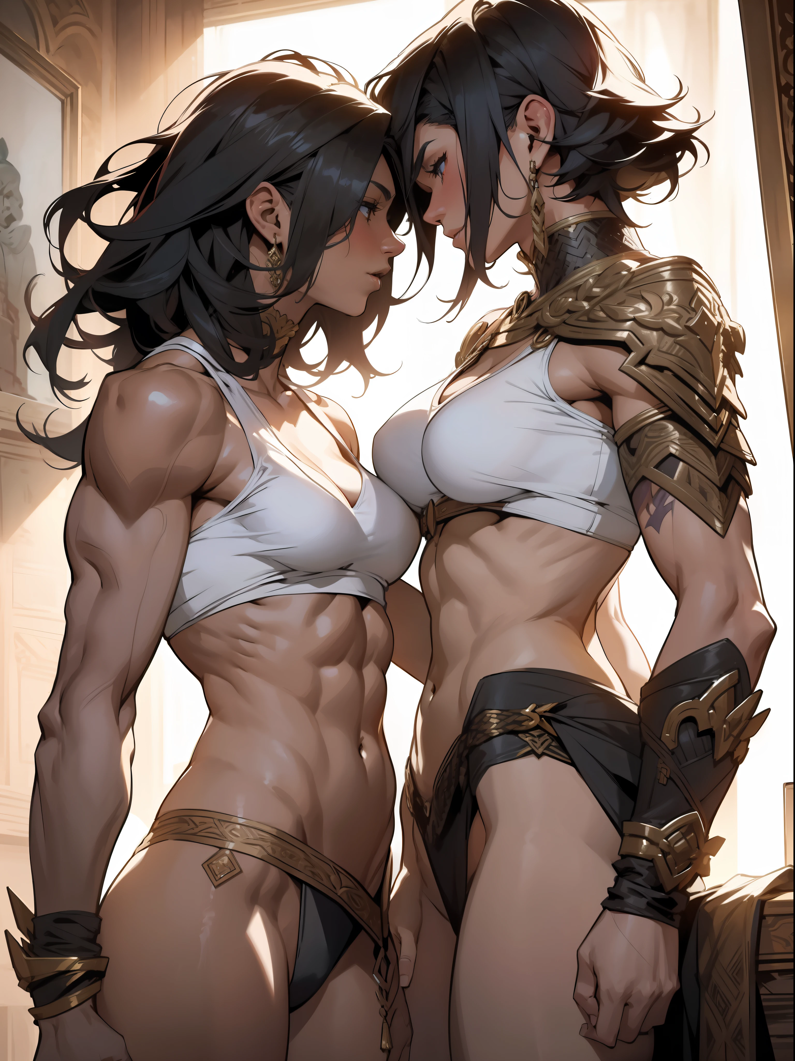 Two (((women))), (((lesbians)))), 2 barbarian warriors kissing madly, 2 Beautiful full-body women, 30 years old, muscular and perfect bodies, with little clothes, tiny thong, caressing each other, super sensual scene