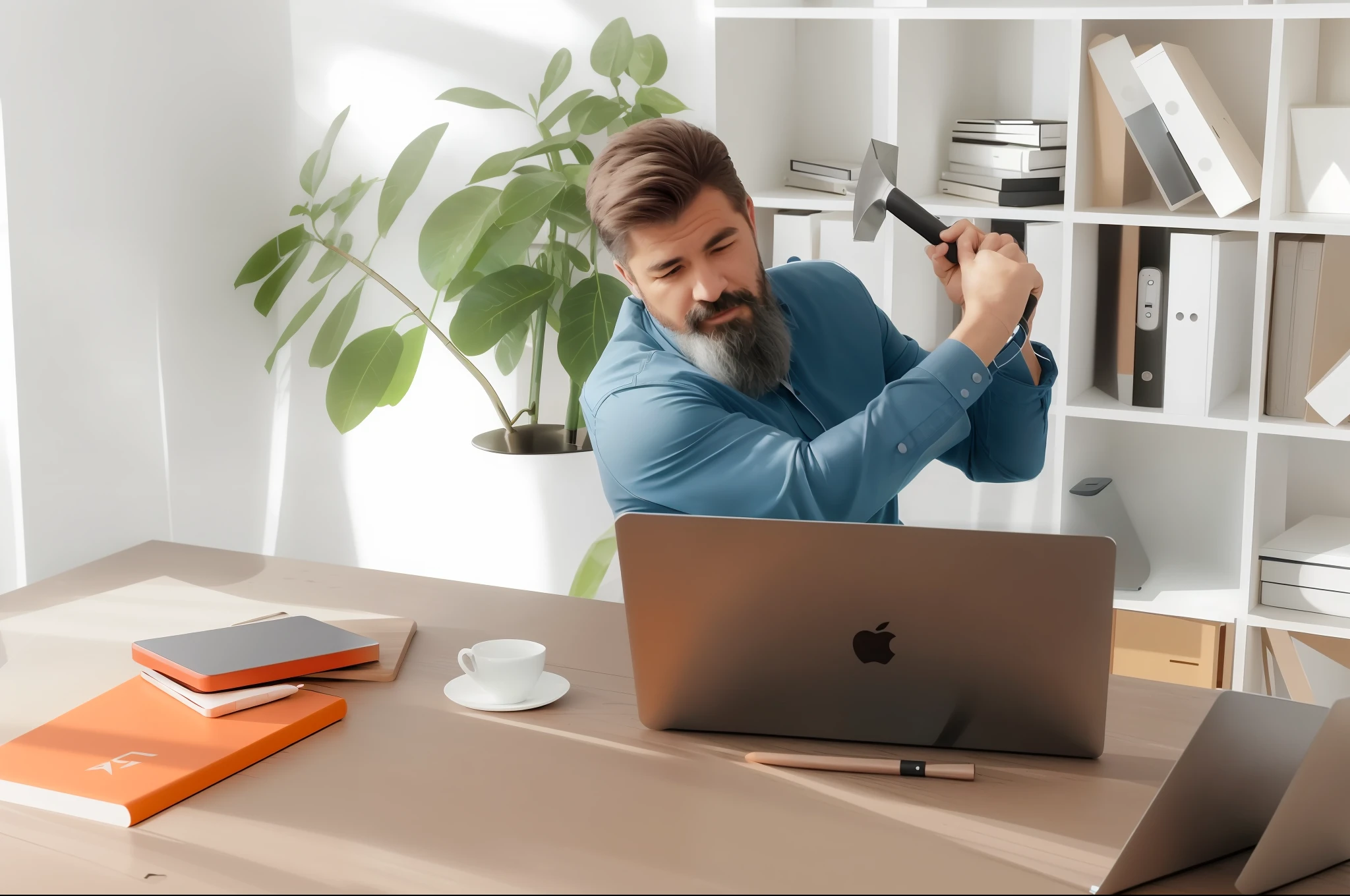 there is a man sitting at a desk with a laptop and a pen, funny professional photo, attacking with axe, holding axe, wielding an axe, with an axe, épaule devant pose, technological anguish, with axe, stock photo, holding an axe, commercial photo, high quality photo, product introduction photo, stock image, professional artwork, istock