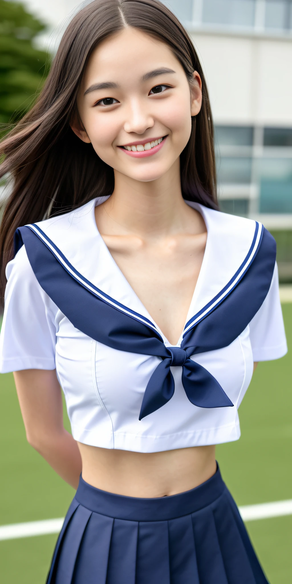 neat college girl, (school uniform, sailor uniform, ribbon tied at chest, summer uniform, upper body white, skirt is navy blue), outside the athletic field, (slim), photorealistic, detail, skin texture, ultra detail, delicate and sexy collarbone, smile, super detailed face, detailed lips, detailed eyes, double eyelids, small breasts, small breasts, small, flat breasts, breast emphasis
