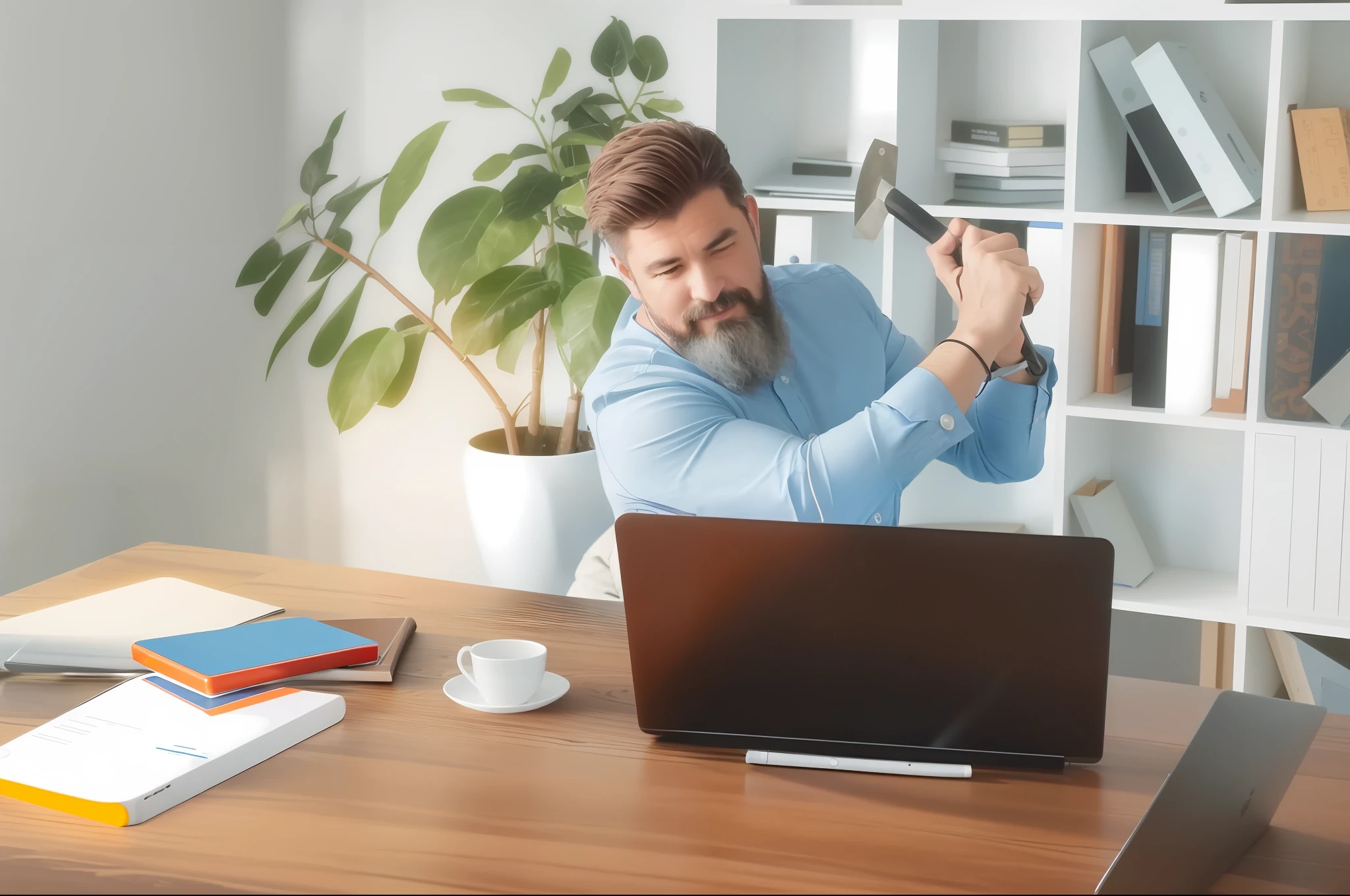 there is a man sitting at a desk with a laptop and a pen, funny professional photo, attacking with axe, holding axe, wielding an axe, with an axe, épaule devant pose, technological anguish, with axe, stock photo, holding an axe, commercial photo, high quality photo, product introduction photo, stock image, professional artwork, istock