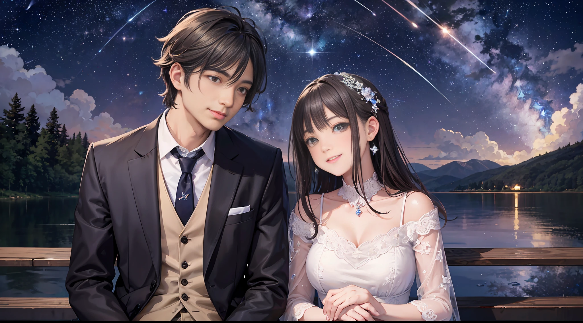 smiling, Meteor shower in a starry sky, a couple sitting together looking at the stars, masterpiece, best quality, intricate detail, absurdres --auto --s2