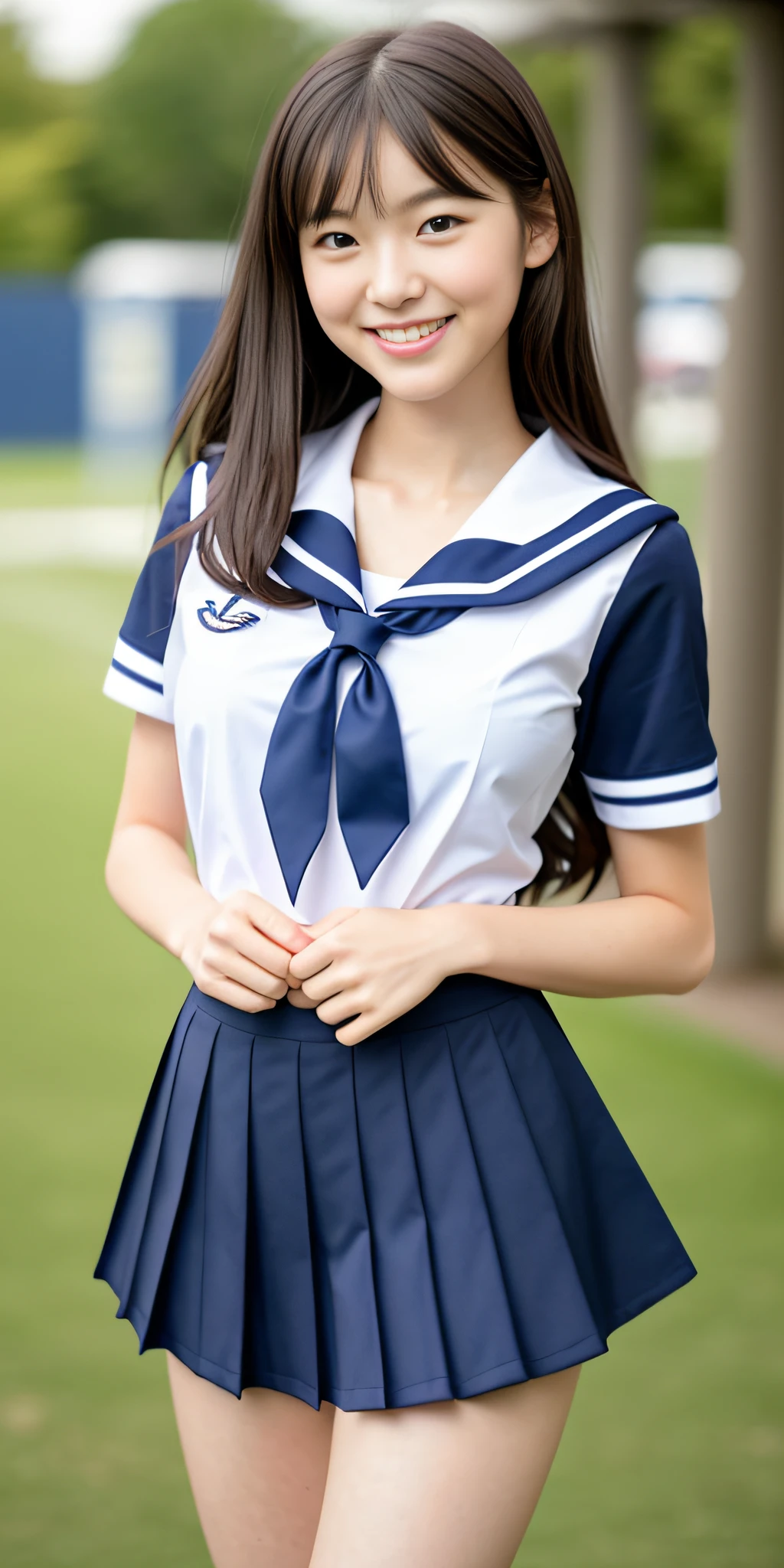 neat college girl, (school uniform, sailor uniform, ribbon tied at chest, summer uniform, upper body white, skirt is navy blue), outside the athletic field, (slim), photorealistic, detail, skin texture, ultra detail, delicate and sexy collarbone, smile, super detailed face, detailed lips, detailed eyes, double eyelids, small breasts, small breasts, small, flat breasts, breast emphasis