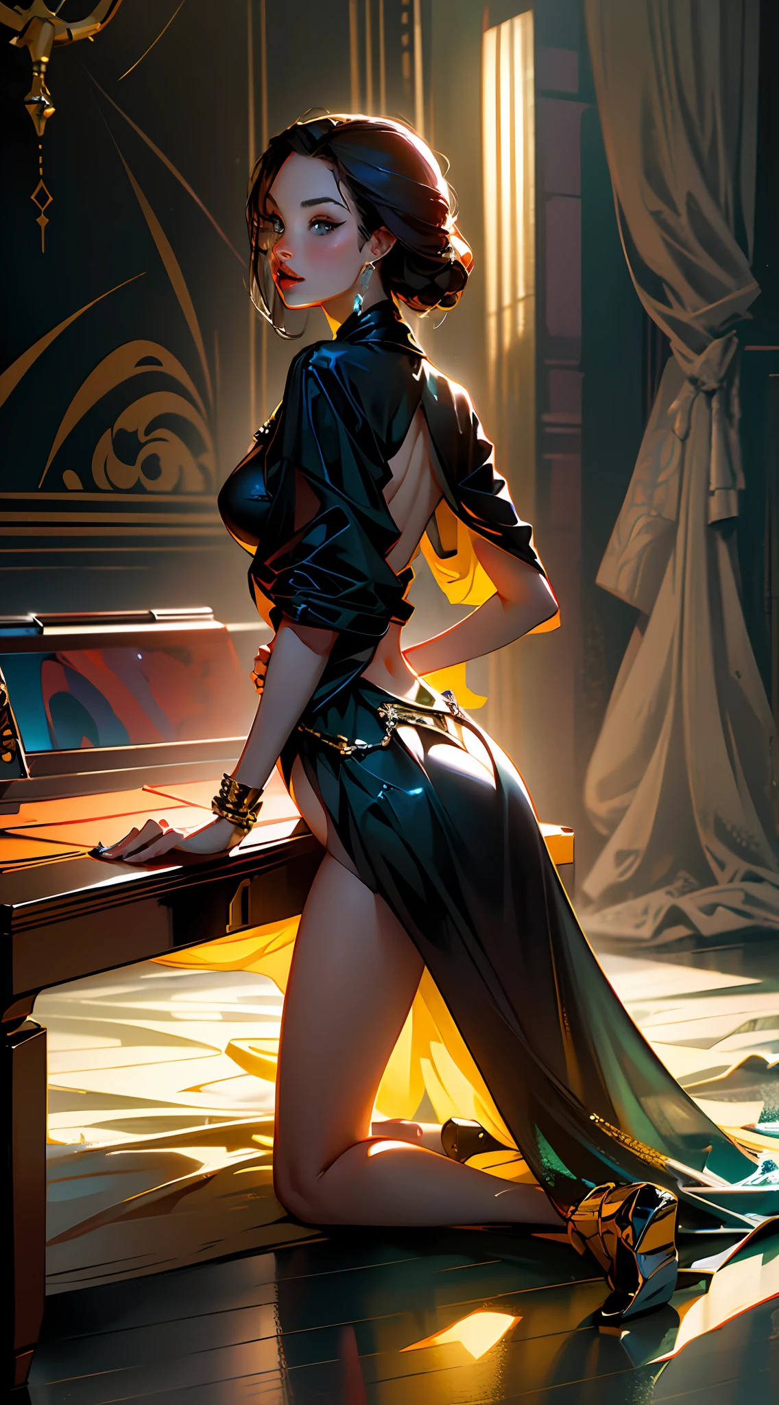 masterpiece, best_quality, 1girl, solo, beautiful angelina jolie, dead showing her ass, full body in high definition with a vinyl record for the footrest in an excellent 8k evolution (( Miniature toy for the collection --aut kneeling