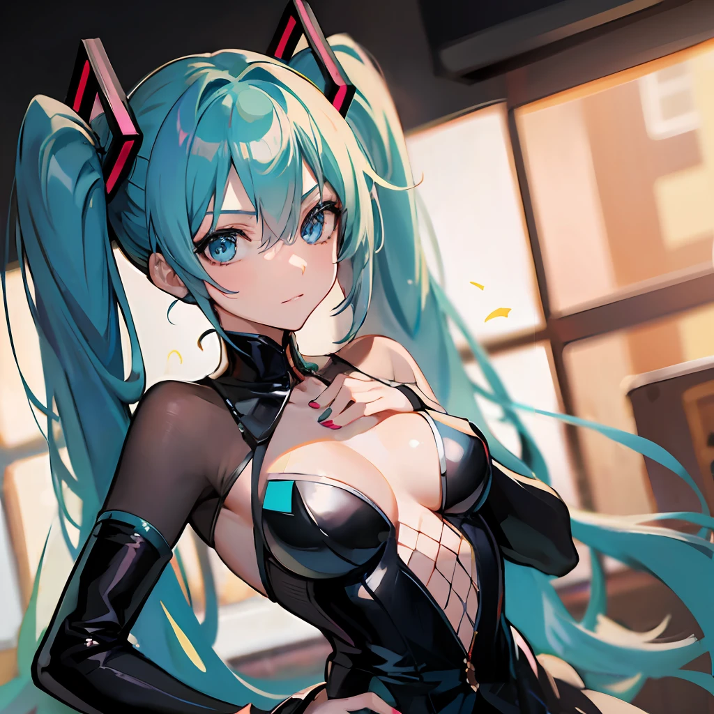 Hatsune miku, blue hair, black suit, close social dress, dynamic pose, looking forward, aldura, serious, blue eyes
