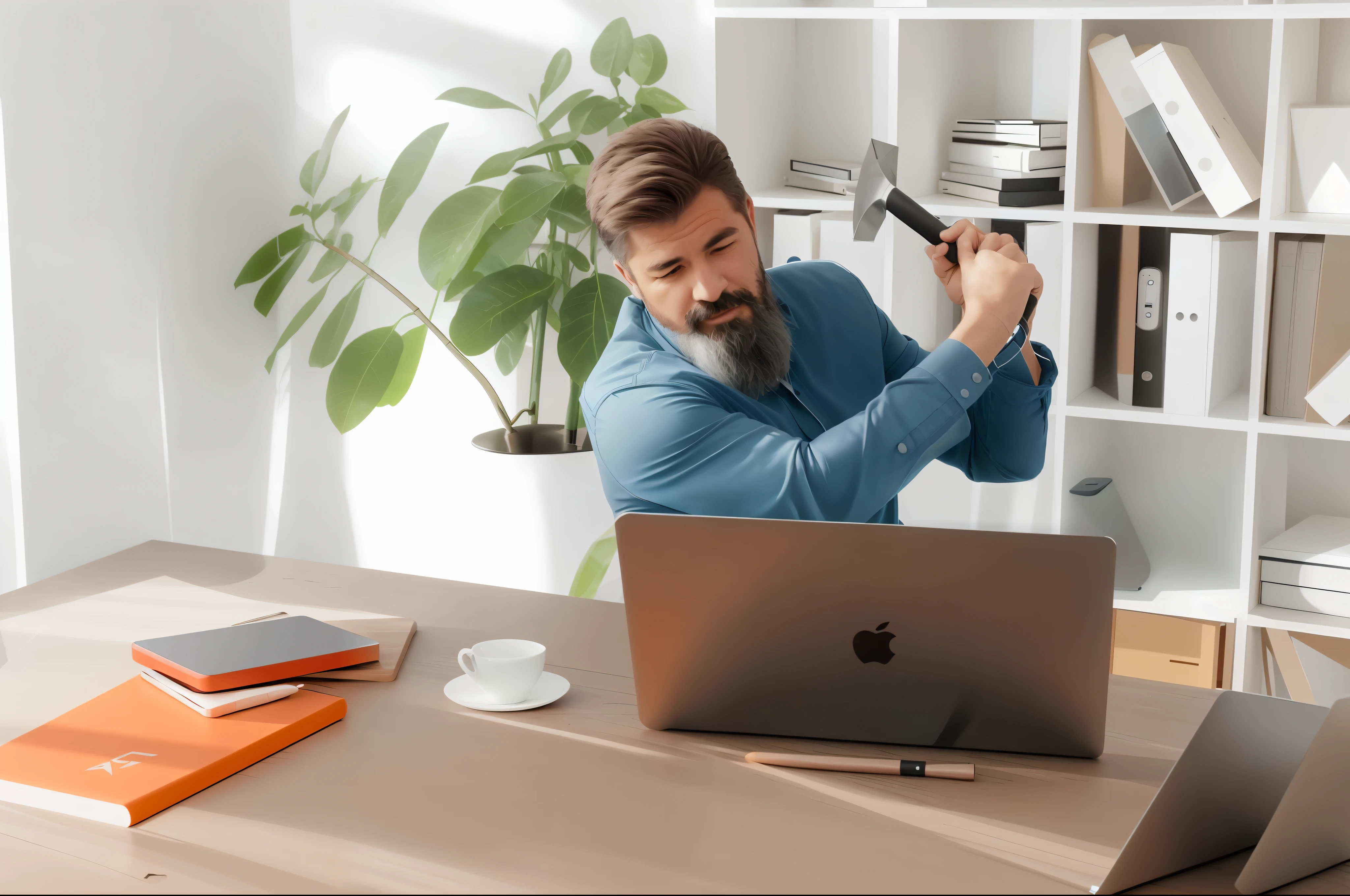 there is a man sitting at a desk with a laptop and a pen, funny professional photo, attacking with axe, holding axe, wielding an axe, with an axe, épaule devant pose, technological anguish, with axe, stock photo, holding an axe, commercial photo, high quality photo, product introduction photo, stock image, professional artwork, istock