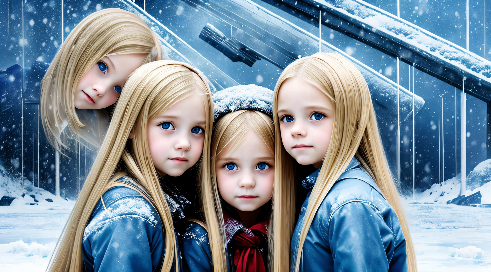 a group of VAMPIRE CHILD GIRLS, PORTRAIT, WITH VERY LONG STRAIGHT BLONDE HAIR, PORTRAIT, people standing around each other in the snow, PETROLEUM BLUE BACKGROUND.