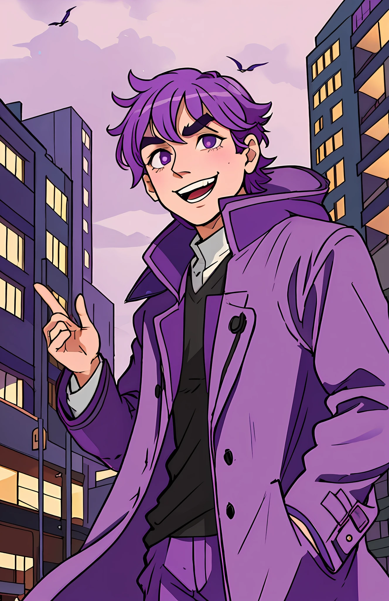 City background, soft light, short purple hair, a man, purple coat, laughing, looking up, eyebrows raised, mature handsome