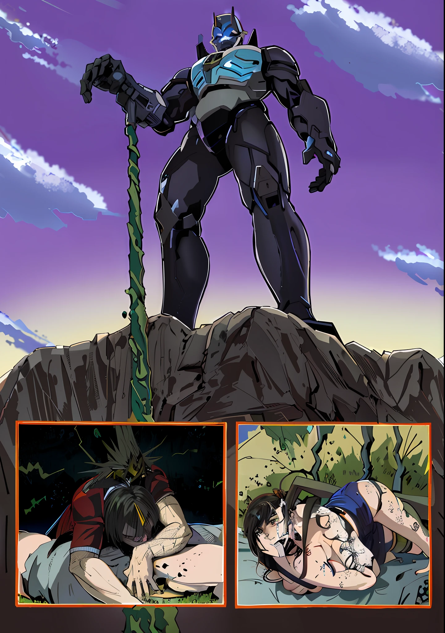 a cartoon of a man with a spear and a woman laying down, guyver dark hero, guyver style, full color manga visual style, evangelion third impact inspired, colored manga panel, digital comic, evangelion beast mode, color manga panel, comic artwork, 8k comic art, guyver, the end of evangelion, full body savage devilman