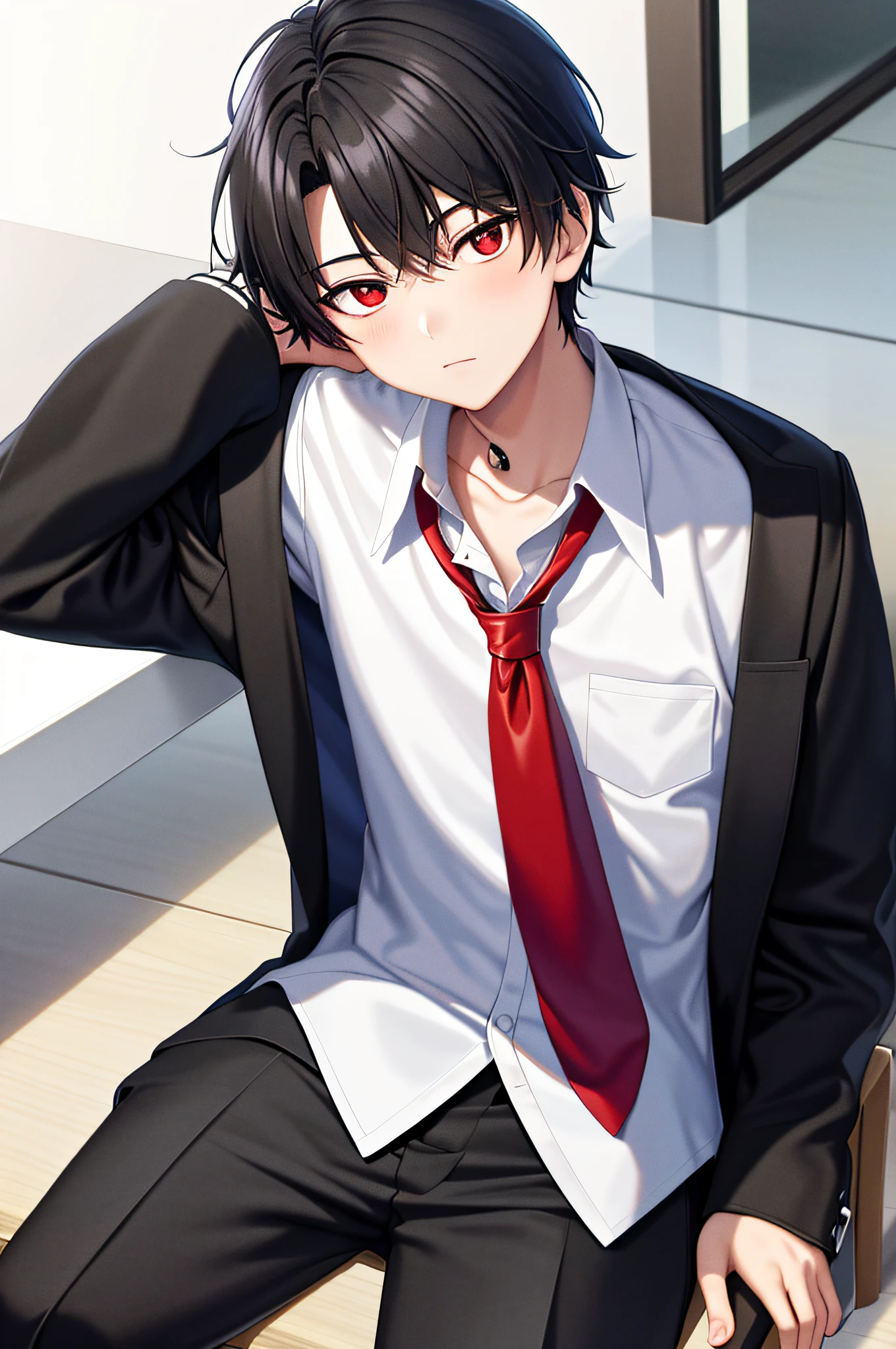 (masterpiece), (best quality), highres, 1boy, kiyotaka ayanokoji, 15 year old teenage boy, school uniform white shirt black jacket open jacket blue tie long black pants sitting, red eyes, short black hair, anatomically correct full body, has a jesus necklace around his neck, normal legs, wears black shoes, looking at the viewer, is sitting on a chair,  He's inside a hotel, and he's completely depleted