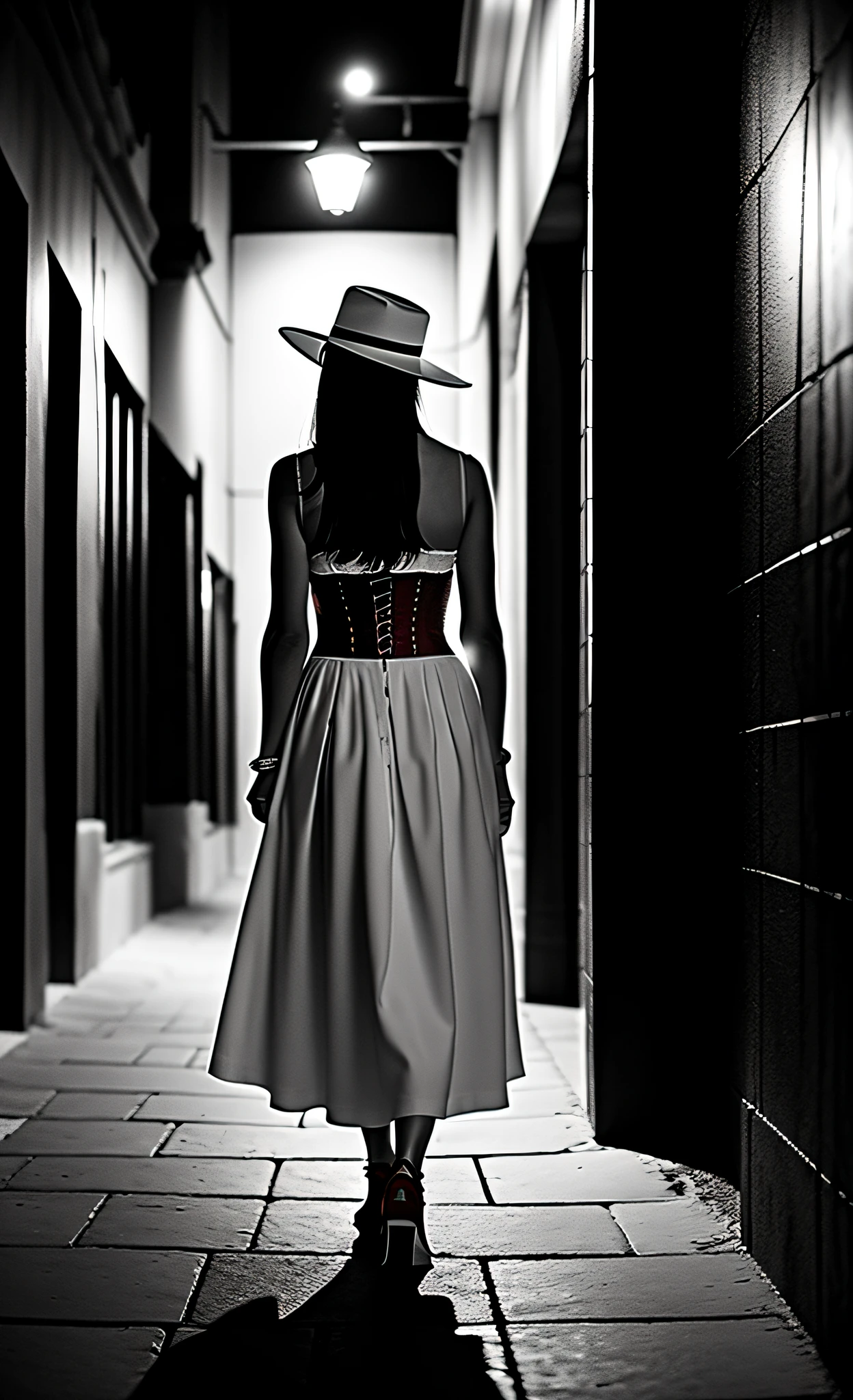Portrait taken from behind a lonely woman, walking through the dark night, in the shadows, on an empty street of the center of a city, with low light, wearing long skirt, red corset, white Panama hat, alone, without people around, dark (photorealistic, dramatic, sharp focus, cinematic, 8K)