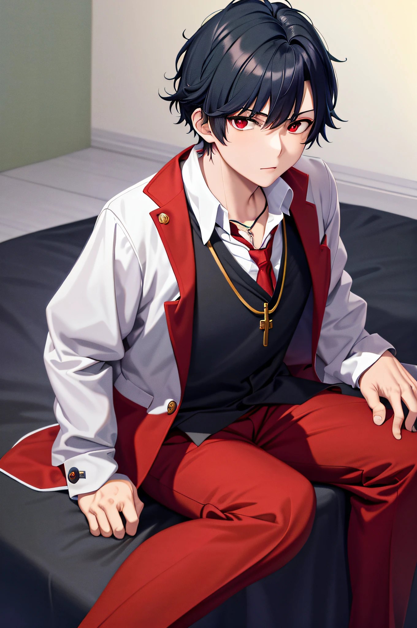 masterpiece, best quality, highres, 1boy kiyotaka ayanokoji, school uniform white shirt red jacket open jacket blue tie green pants sitting, red eyes, short black hair, full body anatomically correct, has a necklace of jesus on the neck, legs open, looking at the viewer
