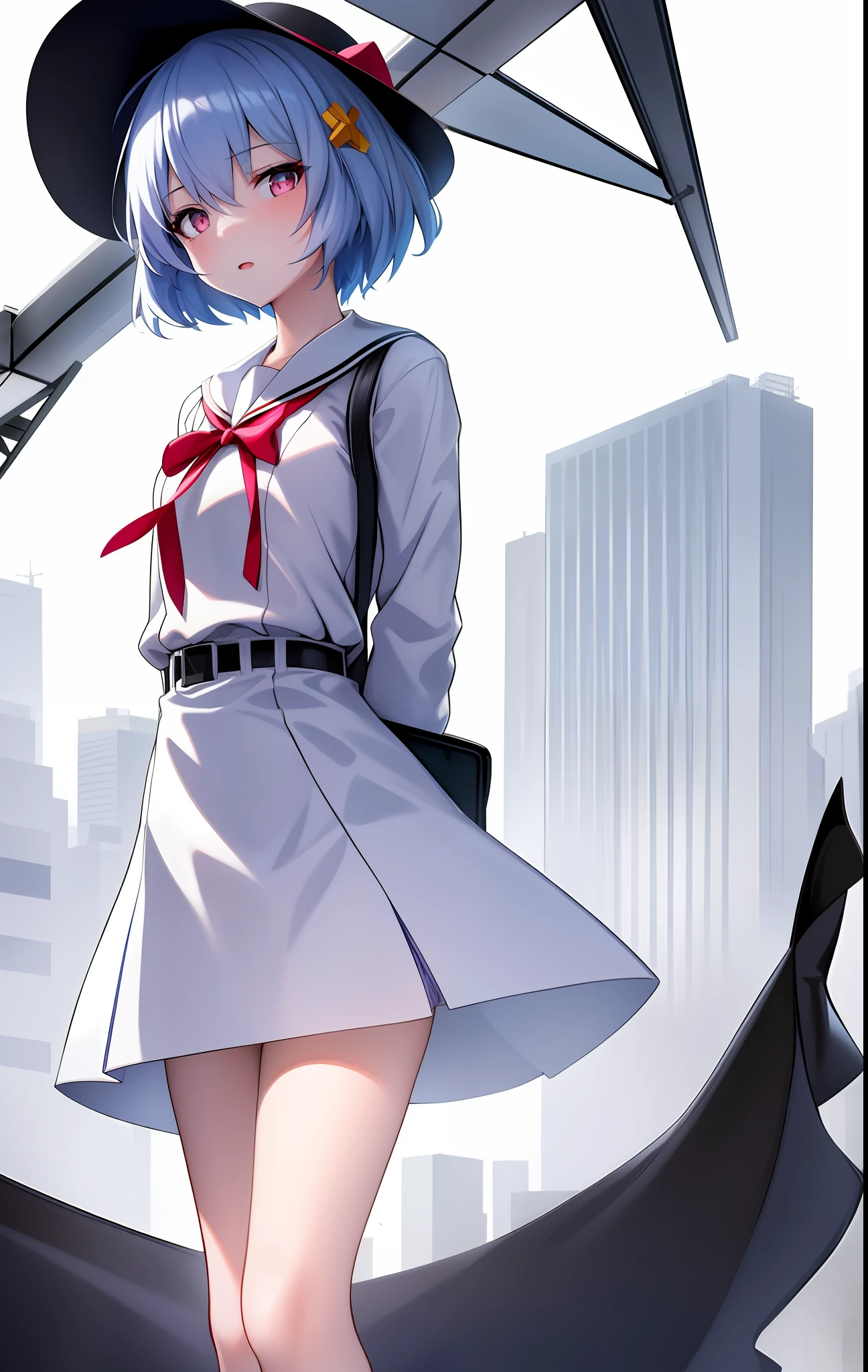 best quality,highly detailed,masterpiece,ultra-detailed,solo,1girl,(white background:1.5),(Delicate eyes),ayanami_rei,building, bird, city, ribbon, outdoors, skyscraper, red_ribbon, neck_ribbon, utility_pole, solo, short_hair, power_lines, grey_sky, cloud, rain, sky, scenery, overcast, airplane, bag, cityscape, jacket, cloudy_sky, road, aircraft, ruins, lamppost, school_uniform,blue hair, masterpiece, best quality, detailed, 1girl, pink eyes, short hair, blue hair, medium breasts, ((little mouth)), hair ornament, close up, slim legs, long legs, pink panties, sailor dress, lift dress