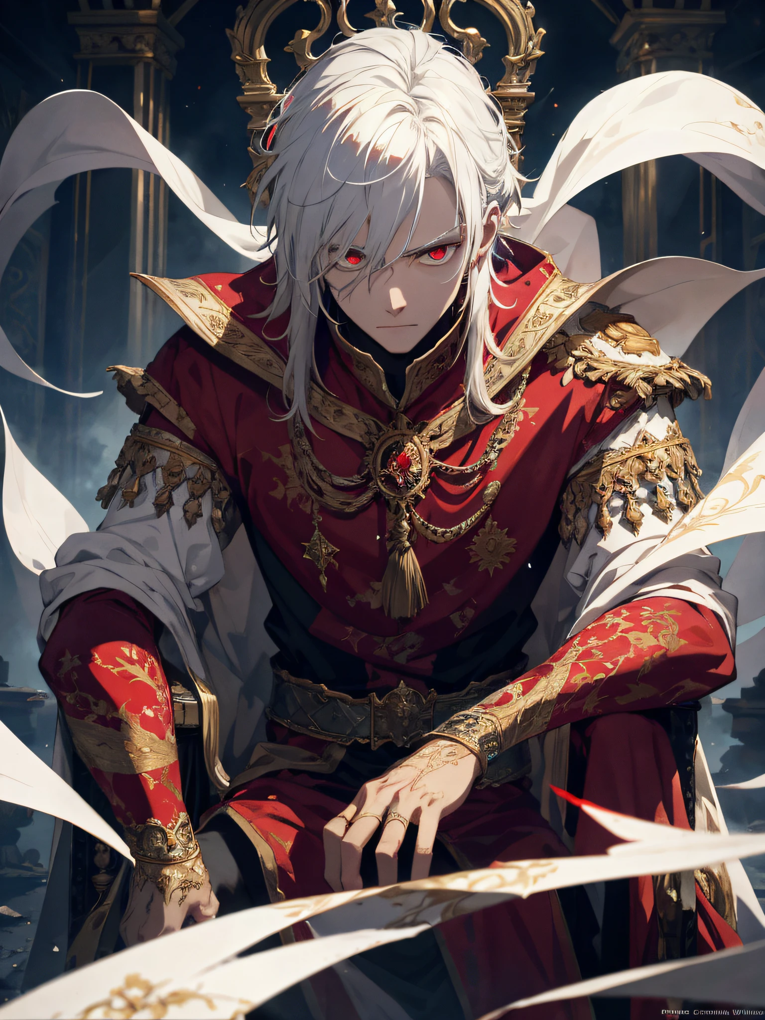 A white-haired, red-eyed prince sits on a majestic throne inside an abandoned palace. The environment around him is dark and gloomy, with cracks in the walls and cobwebs hanging there. The throne is ornate, with details in gold and precious stones, and is covered by a dusty cloth. The protagonist is wearing royal clothing, with a determined expression on his face, as he stares at the horizon with glowing red eyes, masterpiece, best quality, ultra-detailed, illustration, 8k resolution concept art, fantasy art, epic art, concept art wallpaper 4k, deep color, natural lighting
