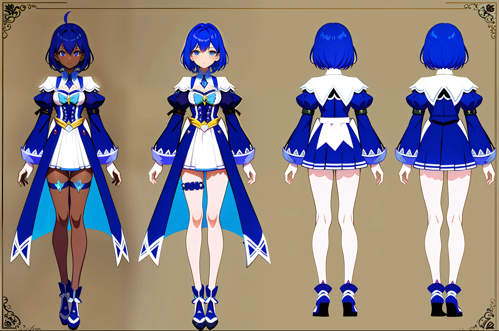 Blue magical girl unique hair medium sized breasts cool one side of head full body dark skin full body concept art with undercut full body anime concept art character sheet