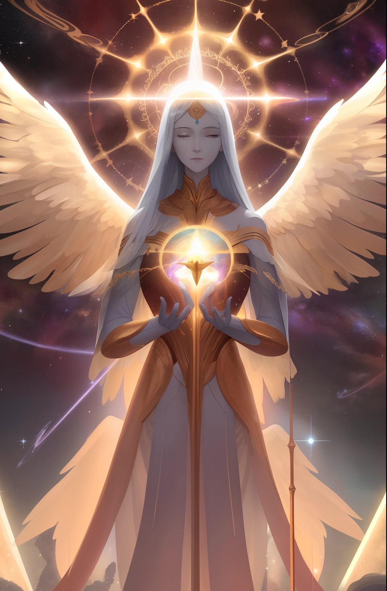 (no humans:1.2), a spiraling galaxy, space, 4k render, a giant archangel, angel of god, cosmic power, hyperspace, god rays