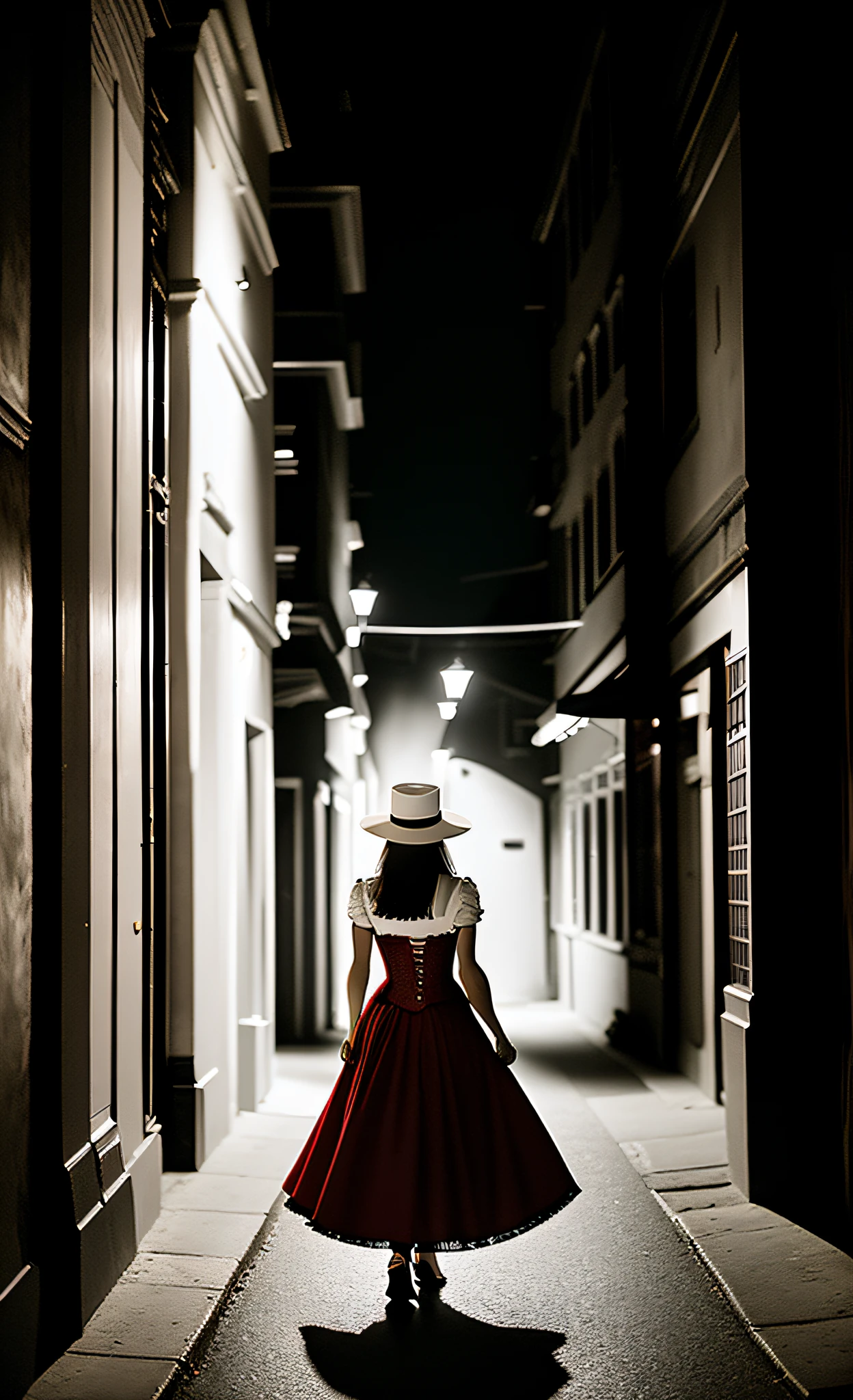 Portrait taken from behind a lonely, mysterious-walking woman nestling through the dark night, in the shadows, on an empty street in the center of a city, in low light, wearing a long skirt, red corset, white Panama hat, with a fan in her hands, alone, no people around, dark (photorealistic, dramatic, sharp focus, cinematic, 8K)