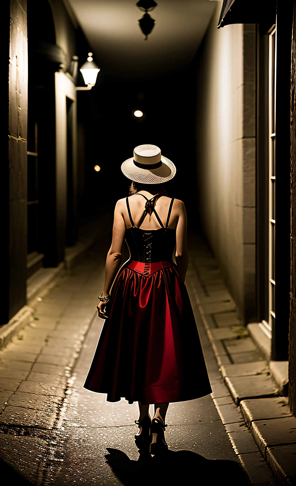 Portrait taken from behind a lonely, mysterious-walking woman nestling through the dark night, in the shadows, on an empty street in the center of a city, in low light, wearing a long skirt, red corset, white Panama hat, with a fan in her hands, alone, no people around, dark (photorealistic, dramatic, sharp focus, cinematic, 8K)