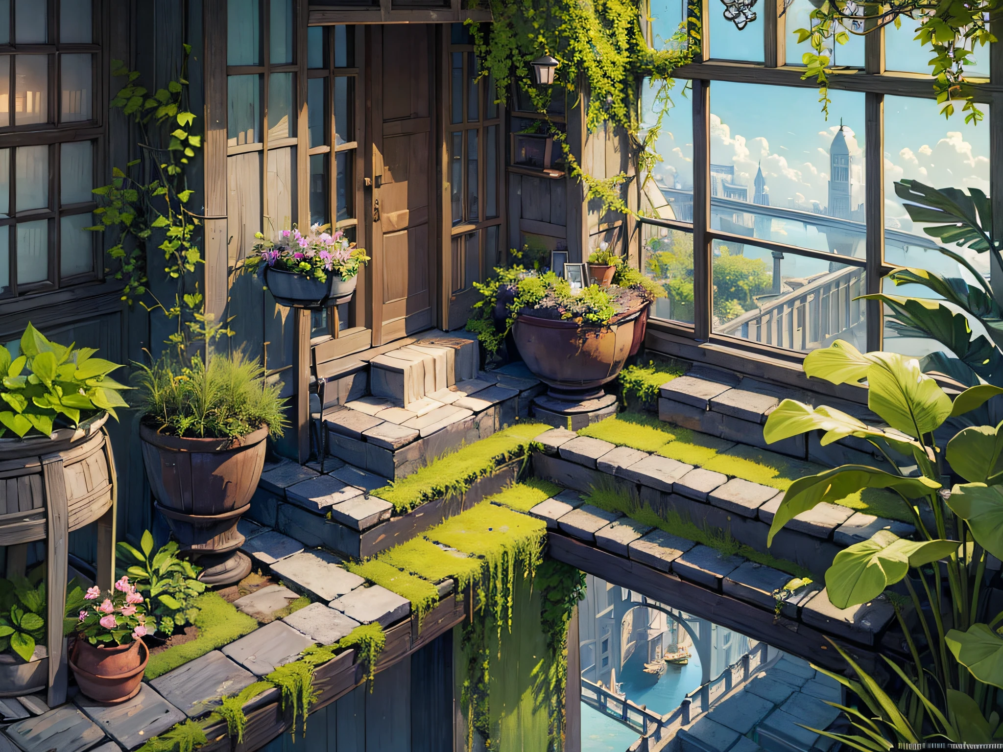 (micro-landscape:1.5),(best quality), ((masterpiece)), (highres), illustration, original, extremely detailed wallpaper, no humans, window, scenery, plant, water, potted plant, outdoors, building, door, house, flower pot, day, lily pad, chair, flower, table, stairs, watermark, hat, tree, sunlight, pond, grass, indoors, reflection, lamp, balcony, black headwear, bush, sky, railing, desk, open window, shelf, leaf, book, web address, copyright name, ladder, architecture, shadow, solo, dated, vines, vase, city, cafe, lantern, bucket, ruins, bench, shop, signature, moss, boat, barrel, river,