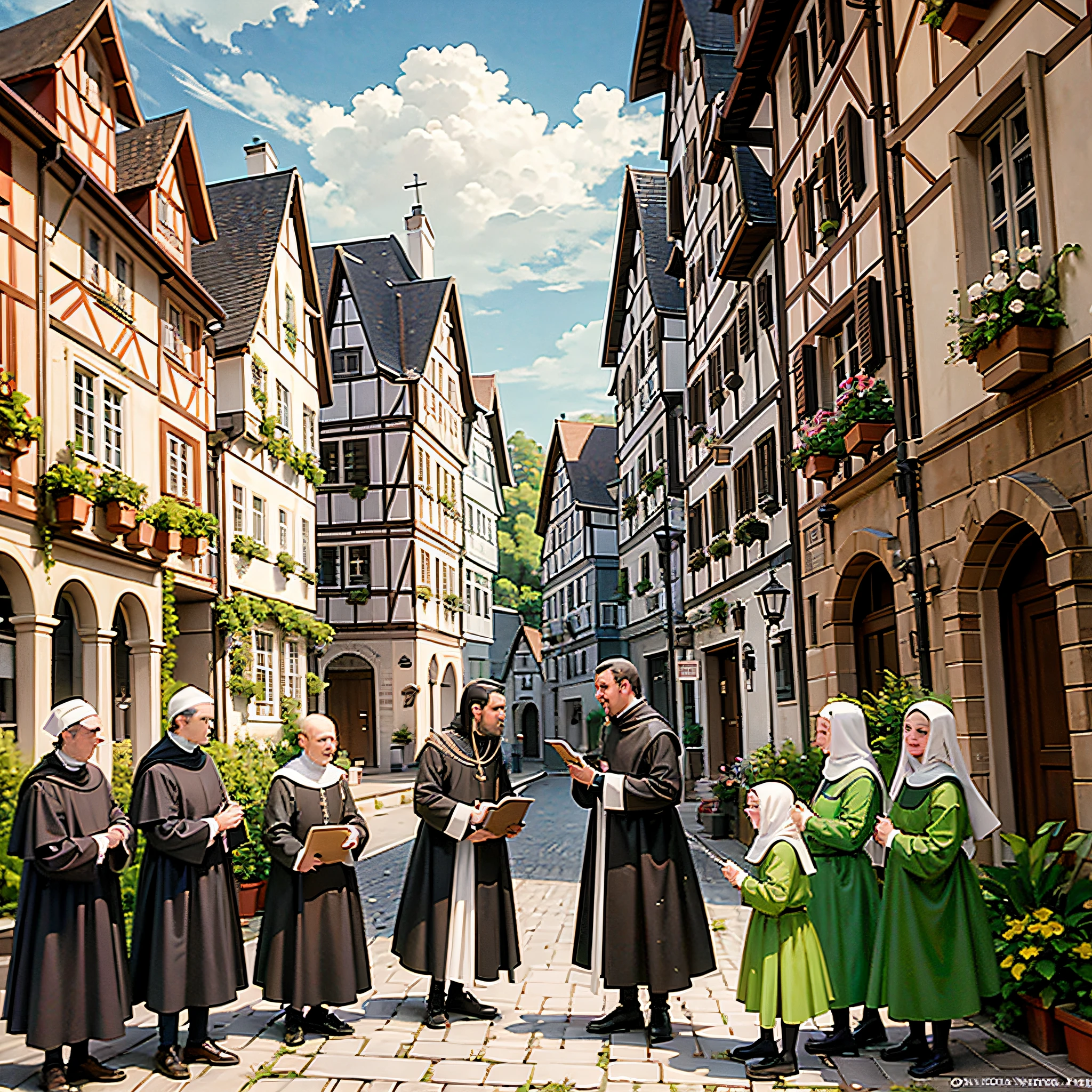 Catholic friar preaching to many people in a small square in Germany in the Middle Ages, 8k, ultra-realistic