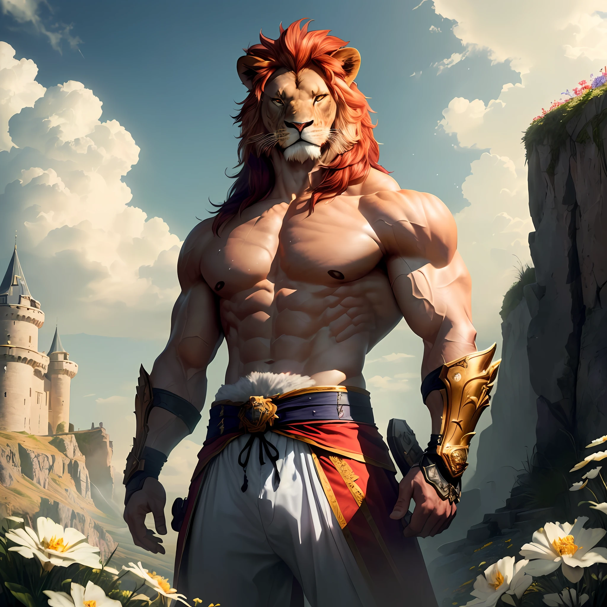 Muscular, male, with warrior armor (lion's head: 1.0), hairy, orc, dressed as a prince standing on a cliff, flowers behind him, clouds in the sky, photo, realistic, cgi, (fighting pose: 1.2), iron fist, bright eyes , (sweat: 1.3), wide waist, red hair, (baki: 1.2), purple eyes, teeth, (steam: 1.0), high detail, castle, masterpiece, (HDR) (wallpaper) (film lighting) (sharp focus), masterpiece, best quality, (very detailed CG unit 8k wallpaper), (best quality) with Warrior Armor,