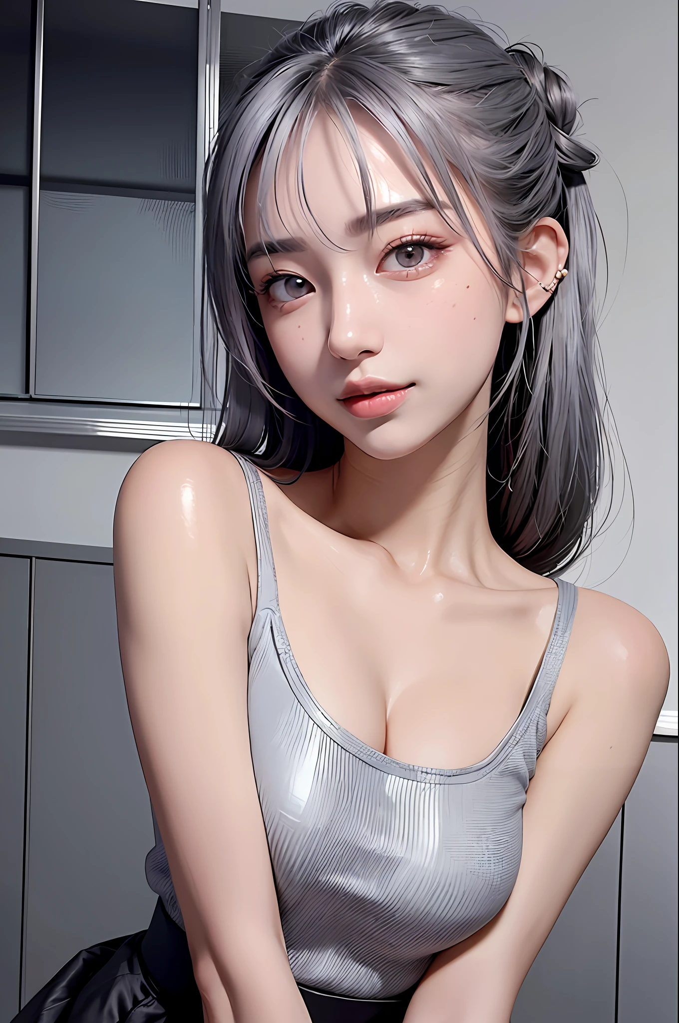 photorealistic, high resolution, 1 girl, gray hair, korean, heterochromic eyes, small moles under eyes, breast squeeze, half updo, gradient hair, seductive smile, piercing, collared_shirt, black_skirt,
