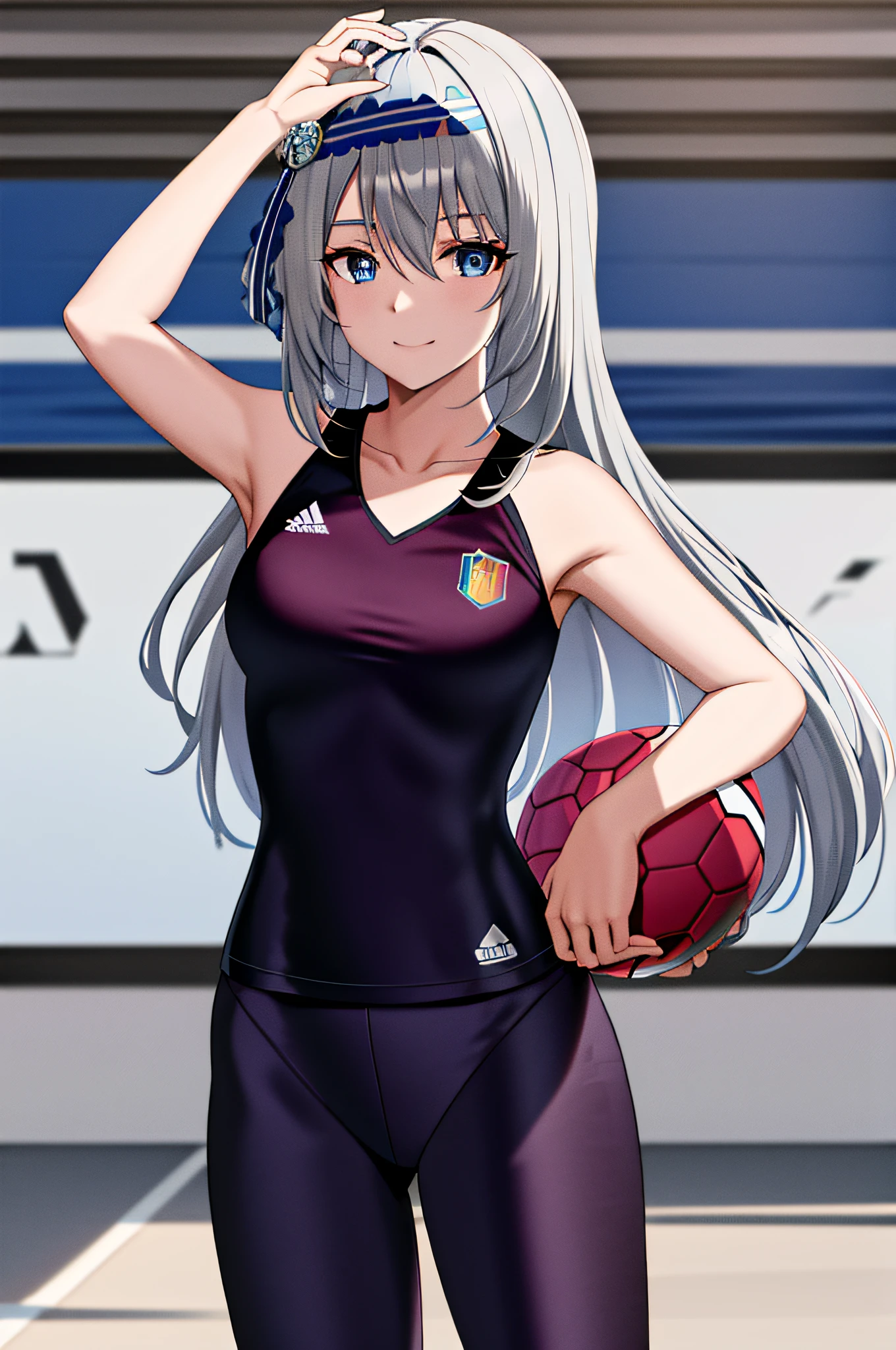 masterpiece, best quality, highres, kei1, 1girl, solo, blue eyes, long hair, (wears a Venezuelan football uniform that is called Vino tinto), ribbon, bangs, collarbone, gray hair, black hair band, neck ribbon, hair between eyes, medium breasts, cowboy shot, smile, full body anatomically correct, this on a football field patting a normal soccer ball,  Complete eScenario detallado