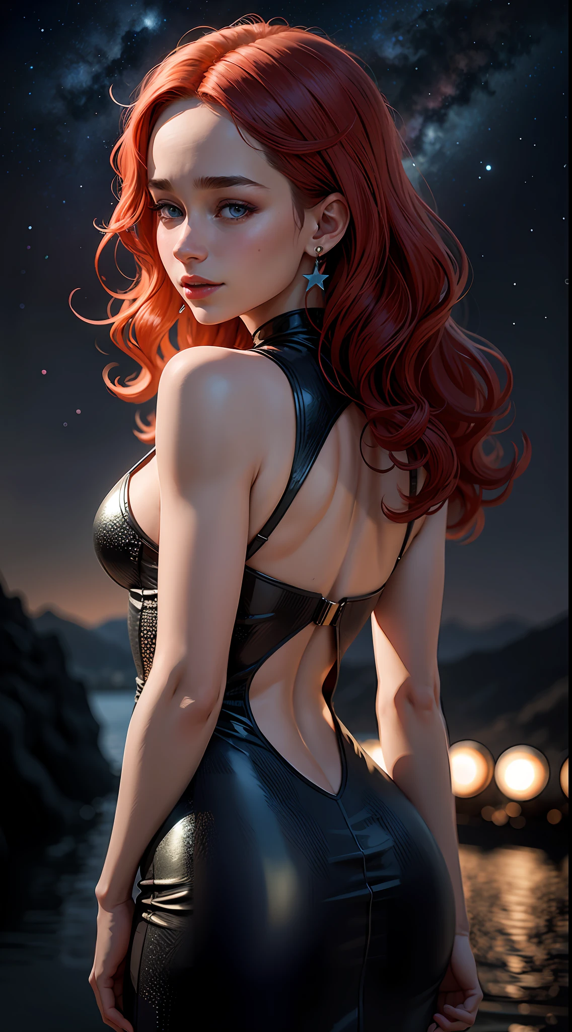 Emilia Clarke, cheerful face, intense red hair and original wavy black, long eyelashes, beautiful blue eyes with brightness, lipstick, surrealism, shadow, stereogram, (photorealistic, realistic: 1.2), POV, atmospheric perspective, cinematic lighting, ray tracing, 8k, super detail, best quality, masterpiece, well detailed, (Canan EOS R6, 135mm, 1/1250s, f/2.8, ISO 400:0.9), stars, galaxy background, ugly lights, Neckline, back, round ass, cord, earrings, tattoos.