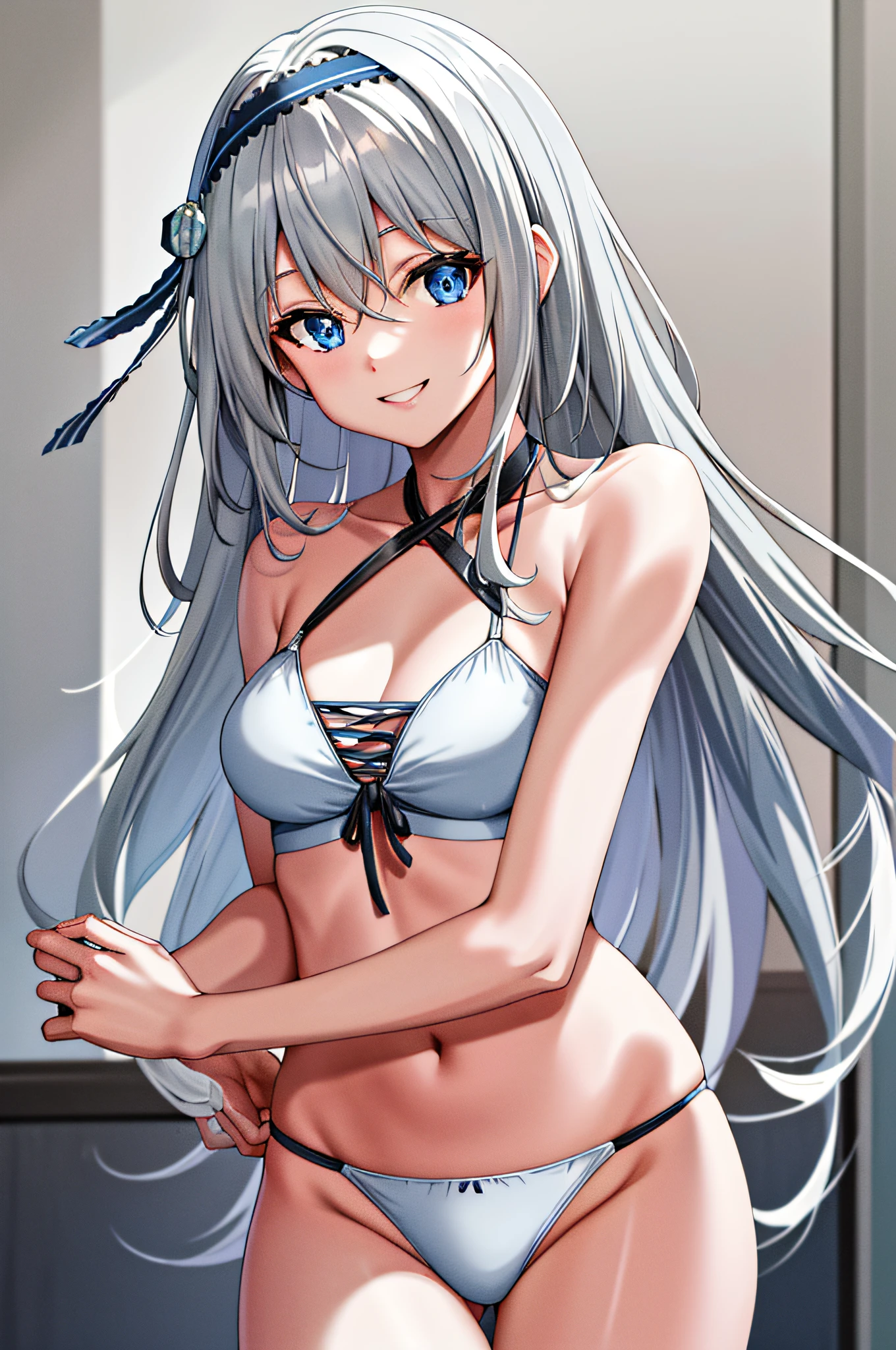 masterpiece, best quality, highres, kei1, 1girl, solo, blue eyes, long hair, wears a white bikini, ribbon, bangs, collarbone, gray hair, black hair band, neck ribbon, hair between eyes, medium breasts, cowboy shot, smile, standing,