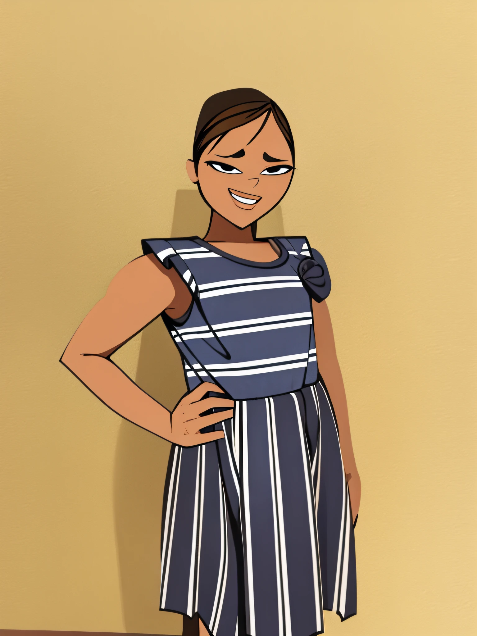 The original image shows the girl from head to knees. Now, imagine and add the girl's full body, including her legs, feet, and any other detail that is needed to make the final image more realistic and cohesive. Be sure to keep the style and tone of the original image.