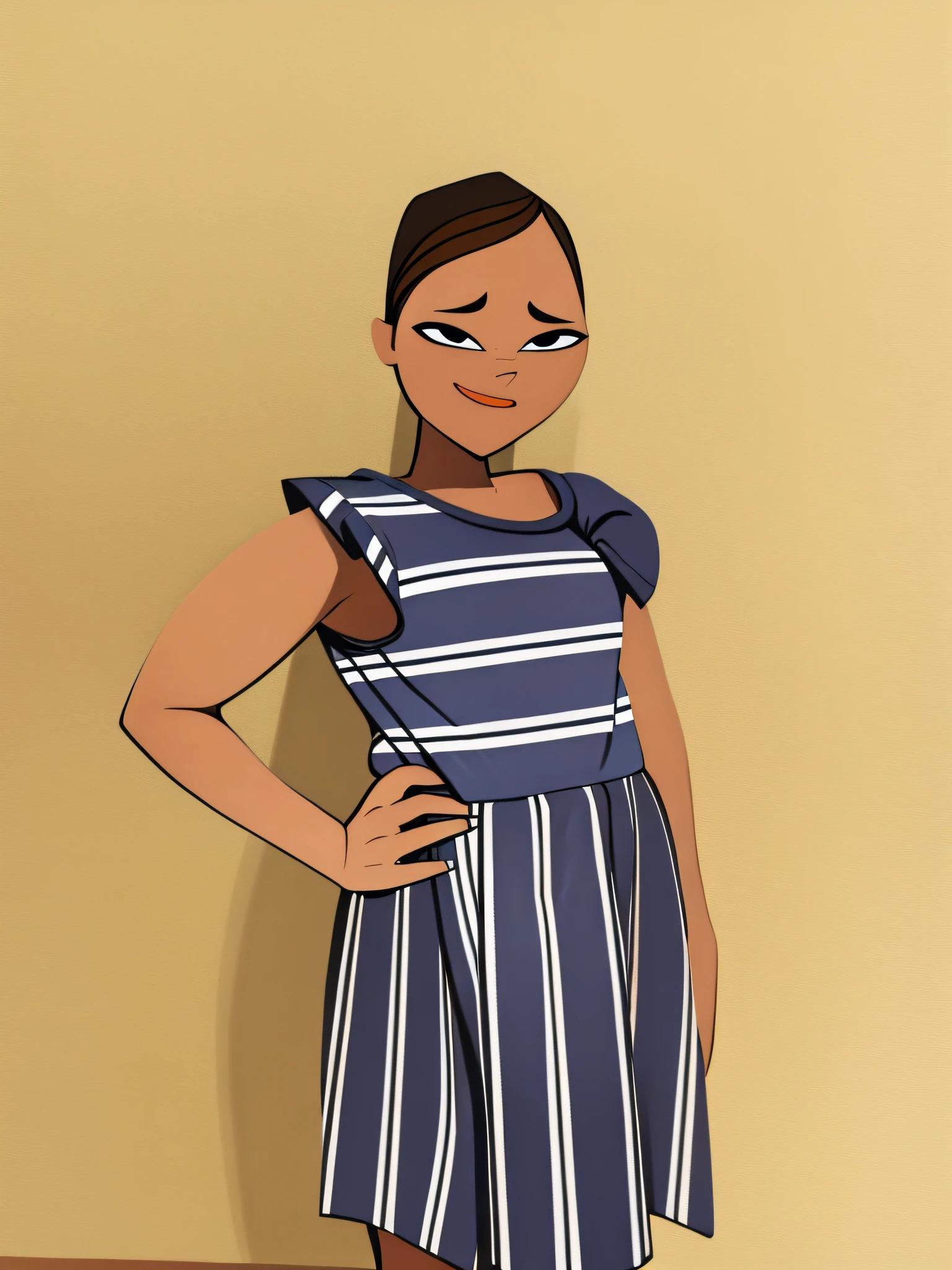The original image shows the girl from head to knees. Now, imagine and add the girl's full body, including her legs, feet, and any other detail that is needed to make the final image more realistic and cohesive. Be sure to keep the style and tone of the original image.