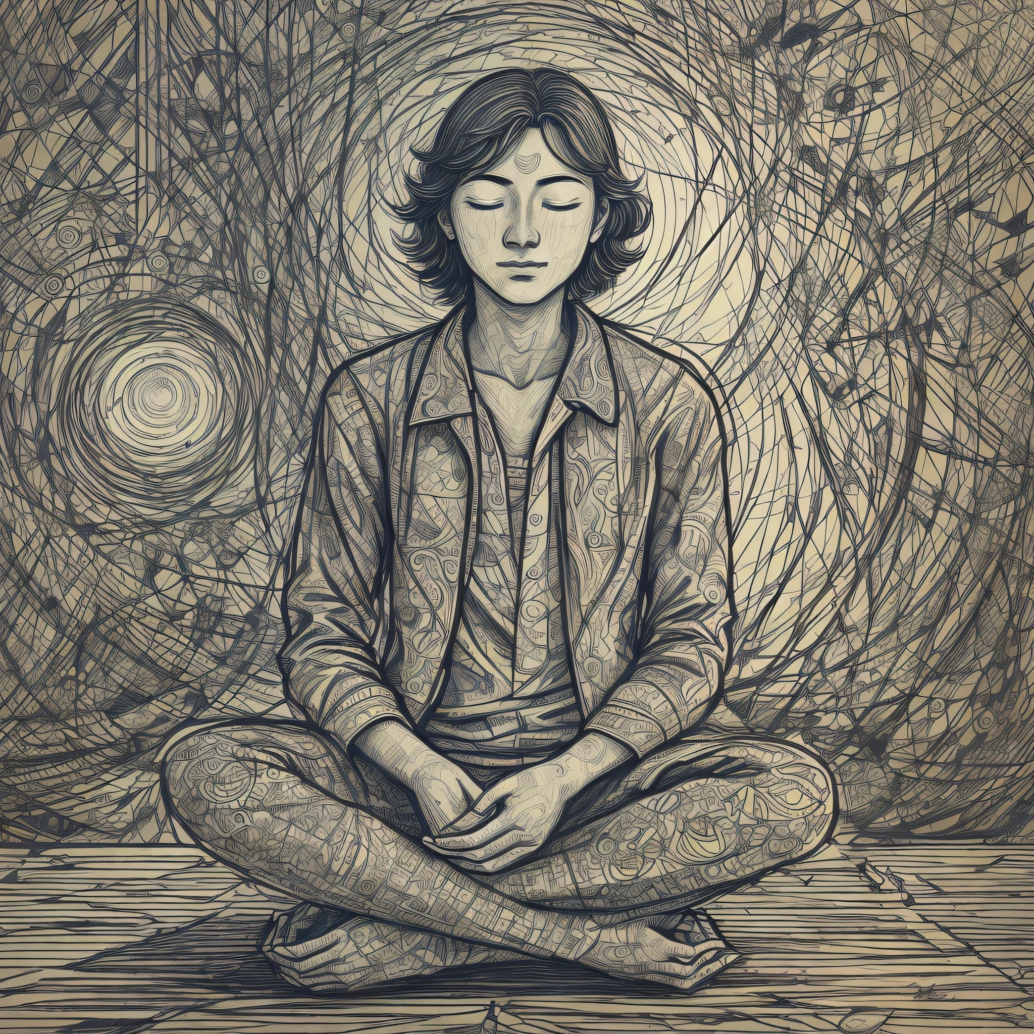Illustration of a person sitting in a meditation position with his eyes closed, in an environment of peace and harmony, image the maximum of reality, that is, looking like a person? --auto --s2