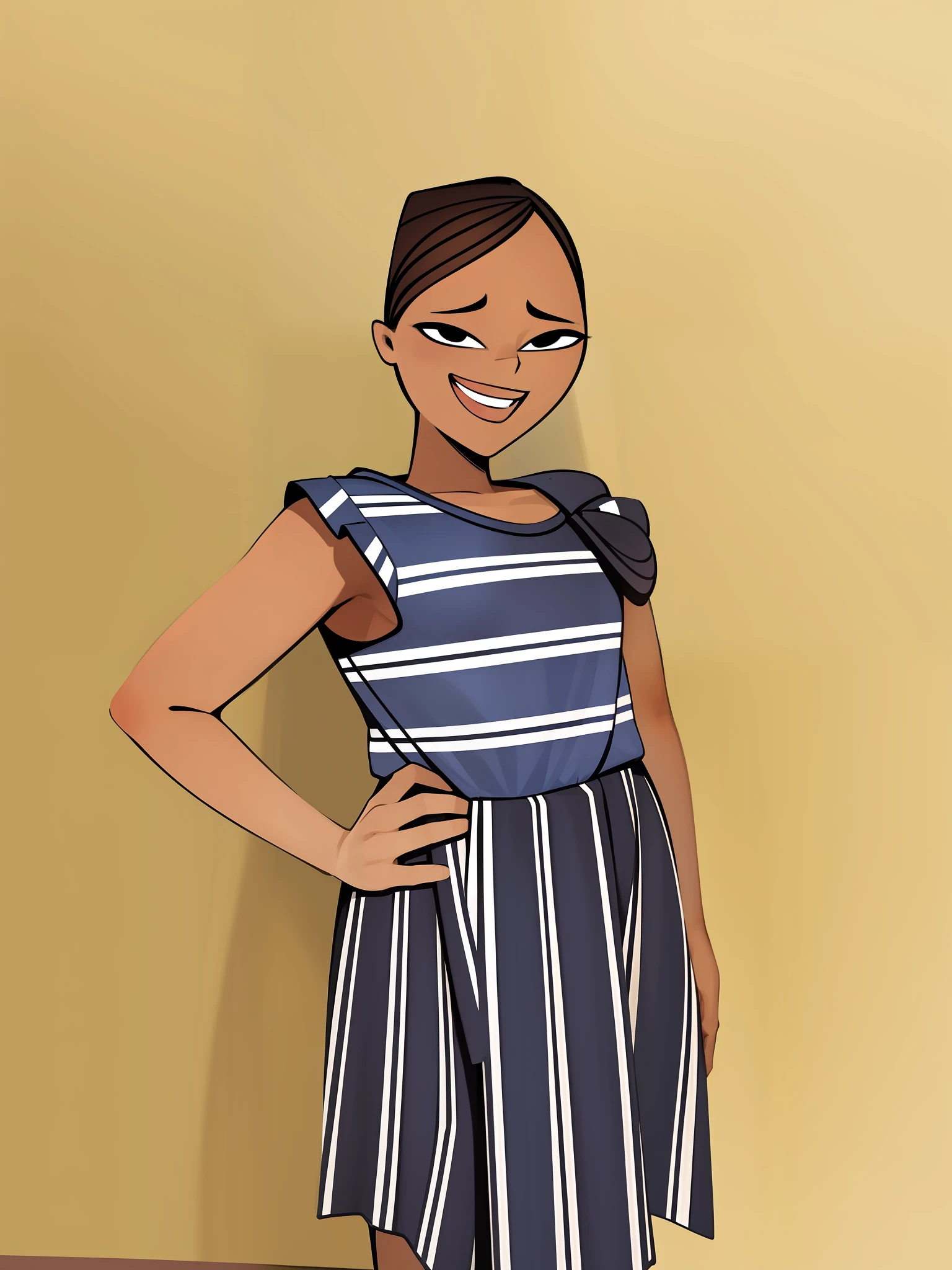 The original image shows the girl from head to knees. Now, imagine and add the girl's full body, including her legs, feet, and any other detail that is needed to make the final image more realistic and cohesive. Be sure to keep the style and tone of the original image.