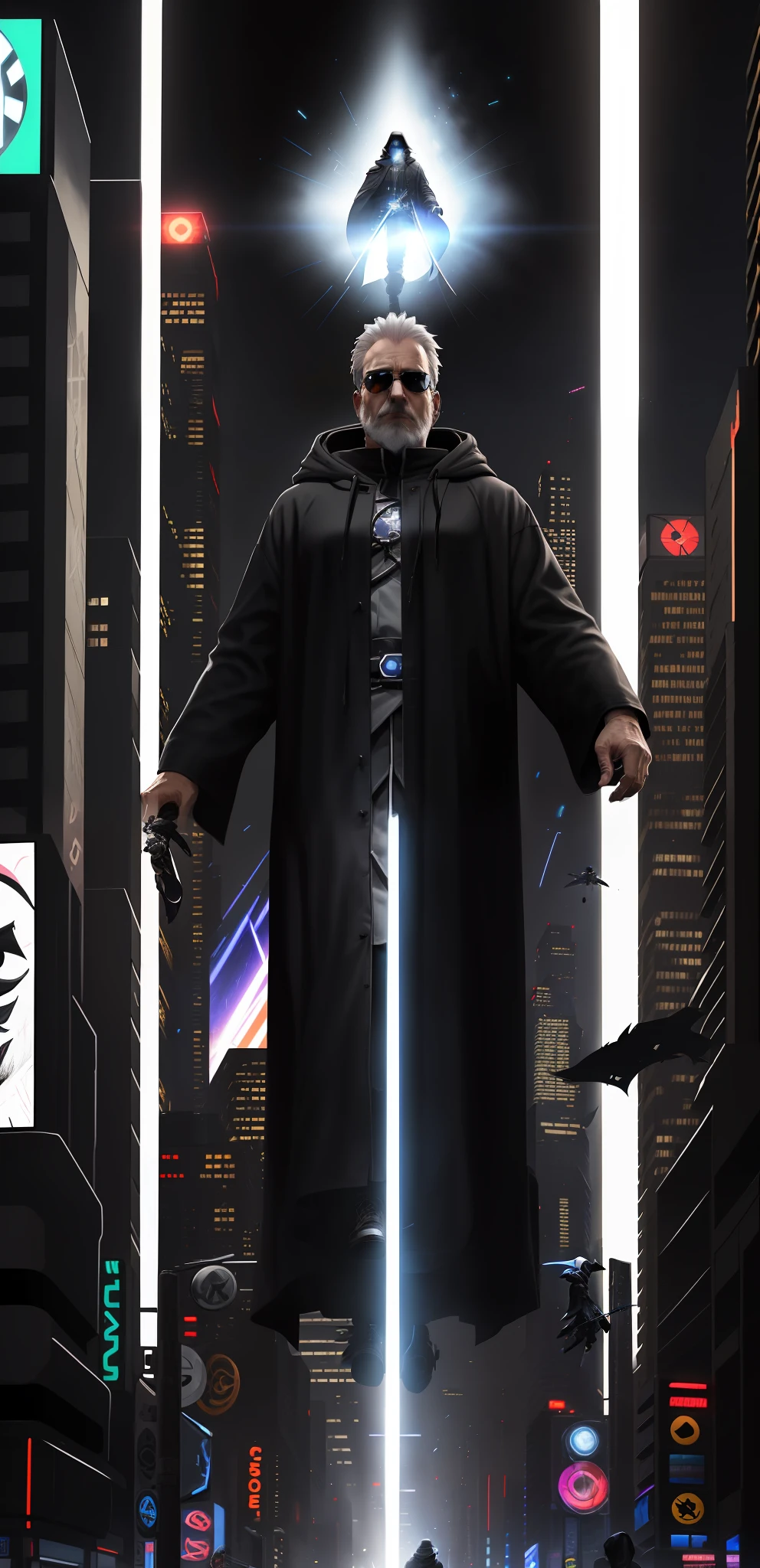 A 50-year-old white man, gray beard, hood and sunglasses dressed all in black, overcoat black, create a Jedi knight, coming out of a UFO, out of Flying Saucer, with his sword of blue light, in the middle of a busy avenue, at night, people running, anime-style art, cyberpunk, chaos