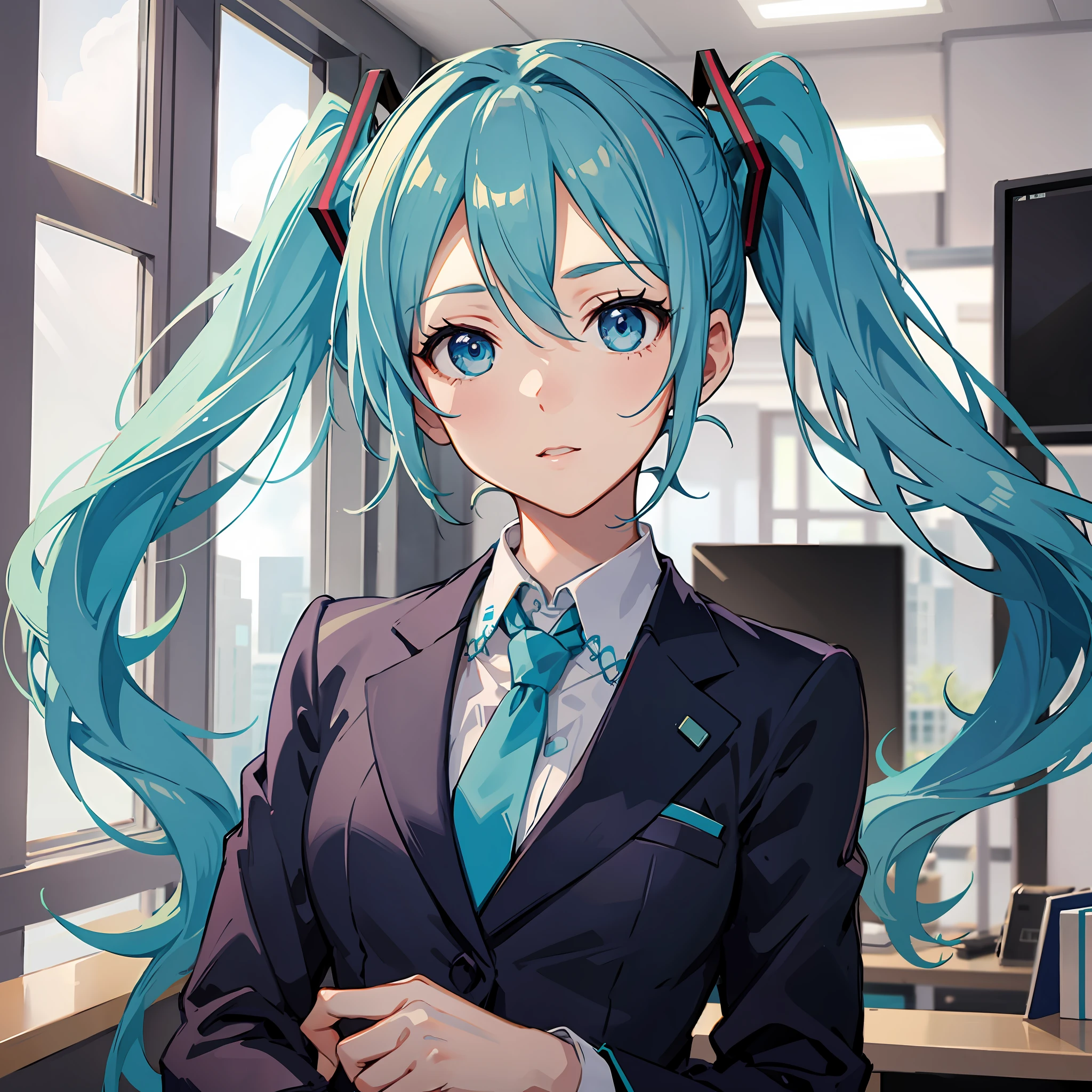 Hatsune miku, blue hair, blue suit, close social dress, dynamic pose, looking forward, aldura, serious, blue eyes, Inside an office, boss