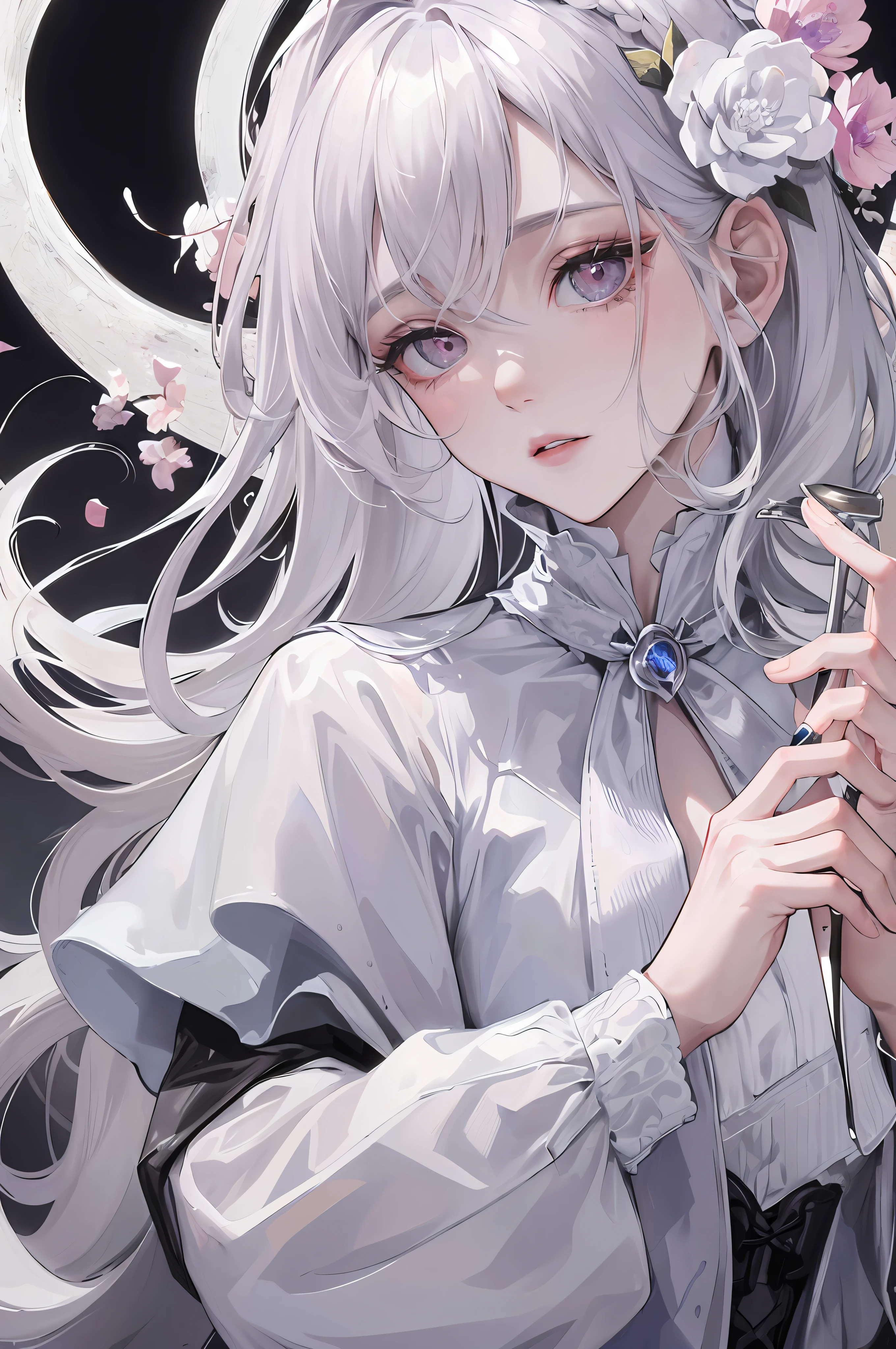 "Masterpiece, Superb Piece, Night, Full Moon, 1 Mature Woman Sister, Royal Sister, Cold Face, Expressionless, Long Silver White Hair, Light Pink Lips, Calm, Intellectual, Three-Banded Gray Eyes, Assassin, Short Knife, Flower, Hand Detail, Finger Detail."