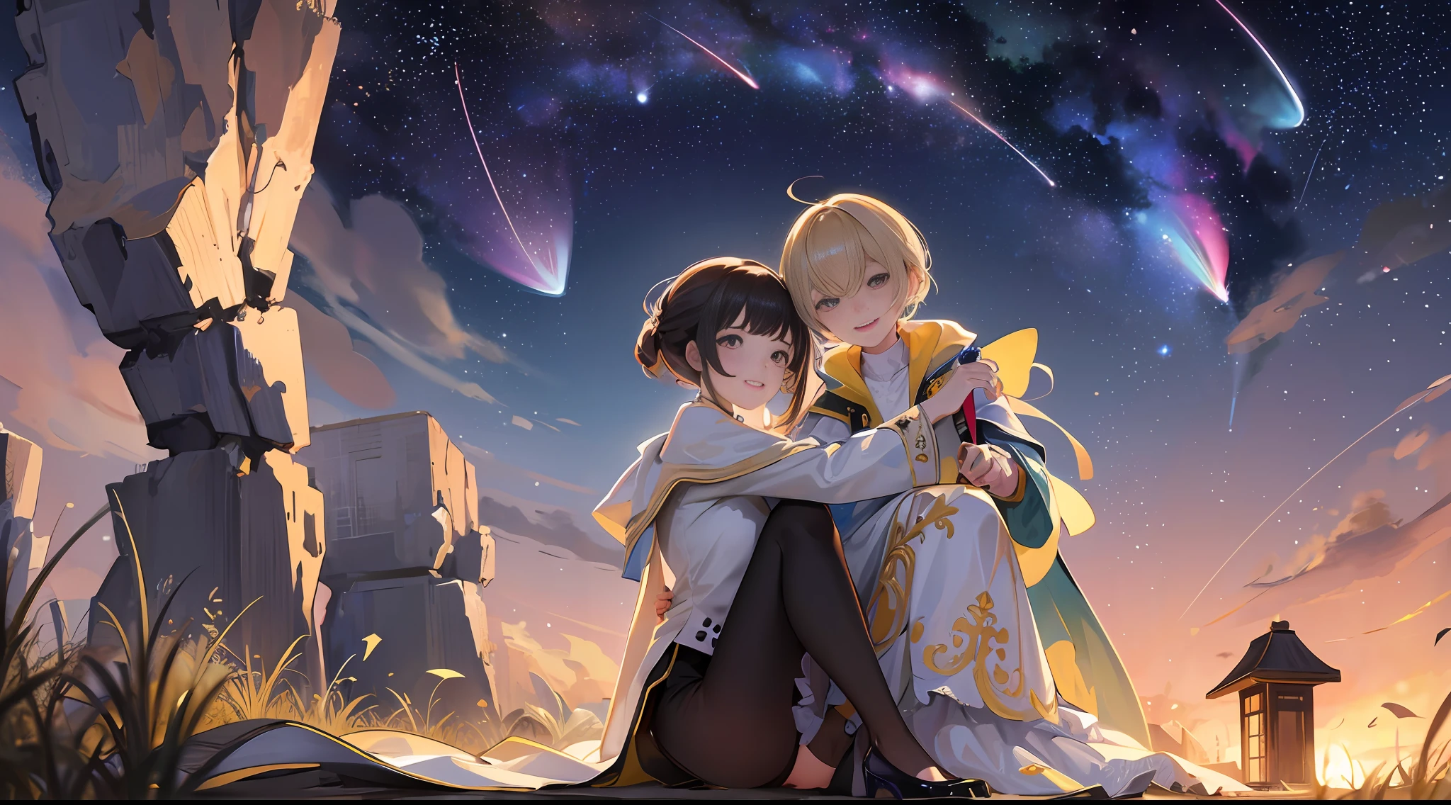 smiling, Meteor shower in a starry sky, a couple sitting together looking at the stars, masterpiece, best quality, intricate detail, absurdres --auto --s2