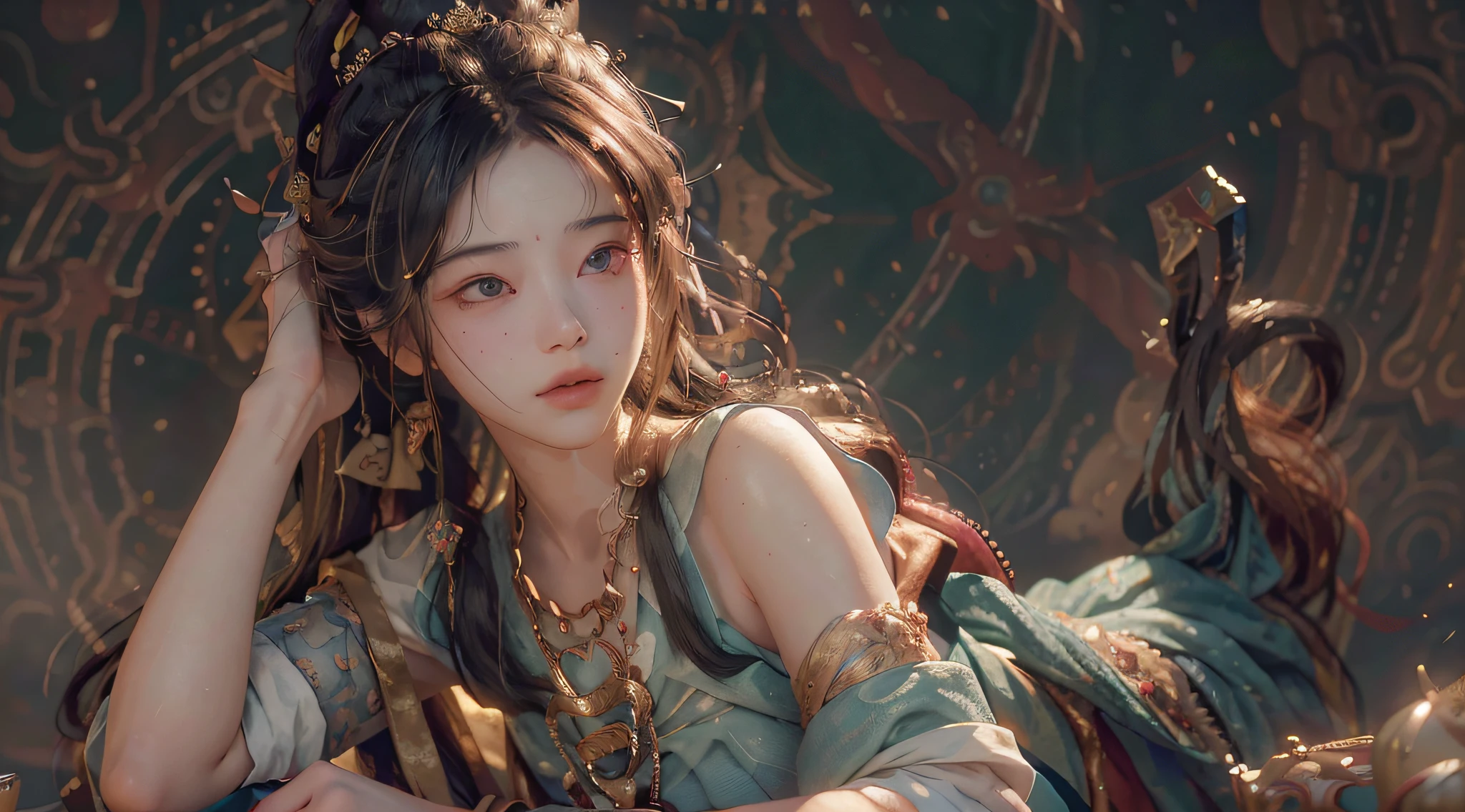 (RAW photo, best quality), (realistic, photo-realistic:1.3),best quality,highly detailed,masterpiece,ultra-detailed,illustration,1girl,upper_body,dynamic angle,world masterpiece theater,messy_long_hair,best quality,extremely detailed CG unity 8k wallpaper,ink,Amazing,cinematic lighting,lens_flare, dunhuang_style
