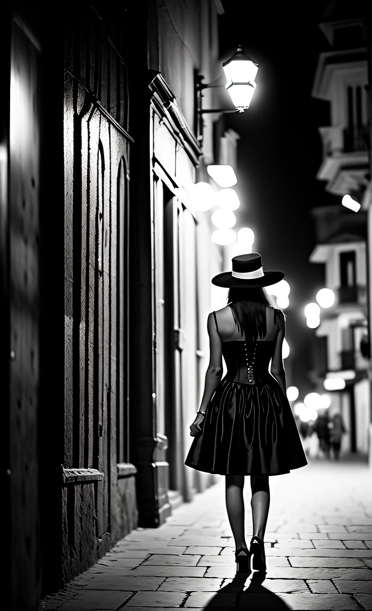 Portrait taken behind a lady of the night, lonely woman, mysterious walk, walking through the dark night, shadows, empty street of the center of a city, low light, wearing long skirt, red corset, white Panama hat, long hair, amber skin, fan in hands, alone, no people around, dark (photorealistic, dramatic, sharp focus, cinematic, 8K)