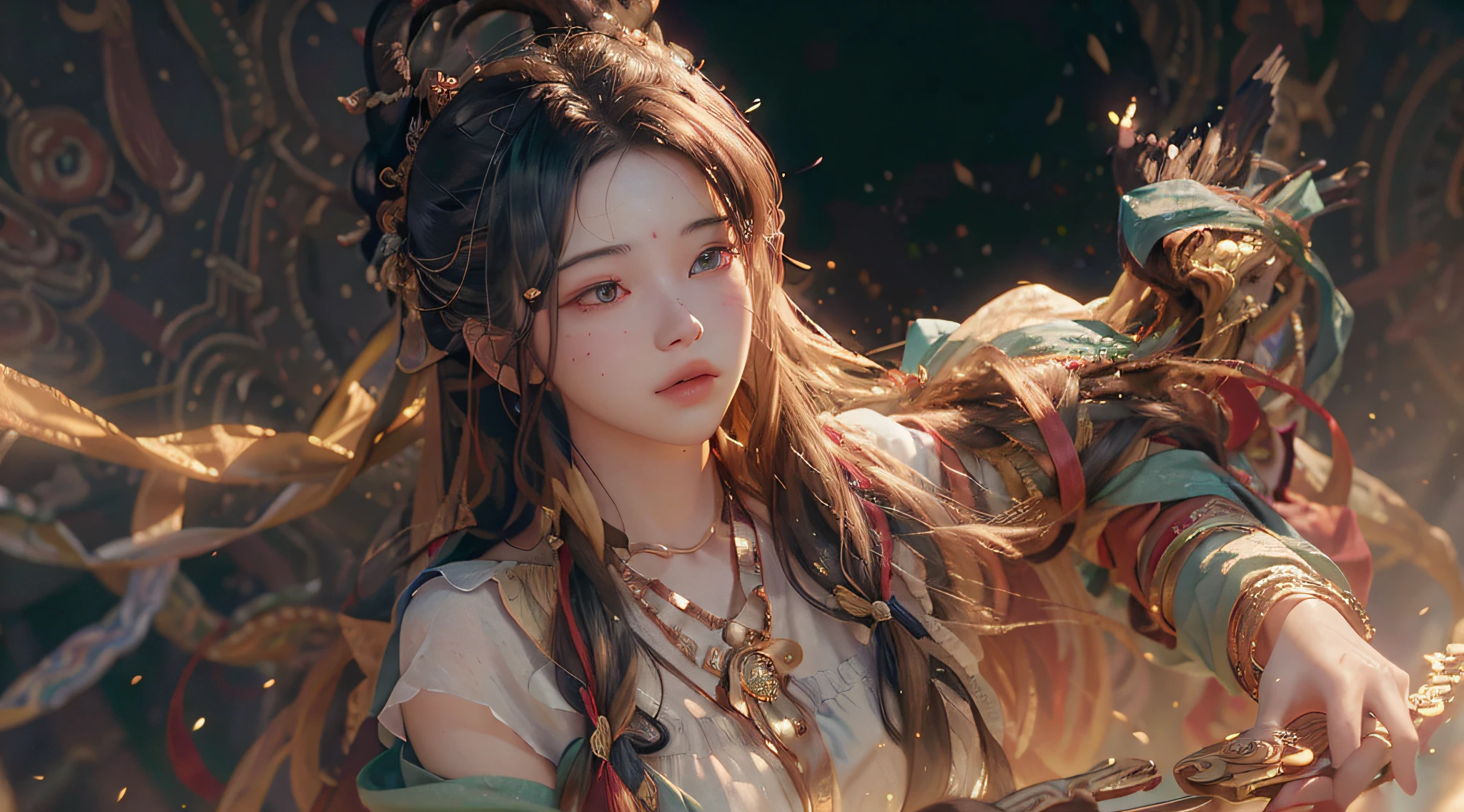 (RAW photo, best quality), (realistic, photo-realistic:1.3),best quality,highly detailed,masterpiece,ultra-detailed,illustration,1girl,upper_body,dynamic angle,world masterpiece theater,messy_long_hair,best quality,extremely detailed CG unity 8k wallpaper,ink,Amazing,cinematic lighting,lens_flare, dunhuang_style