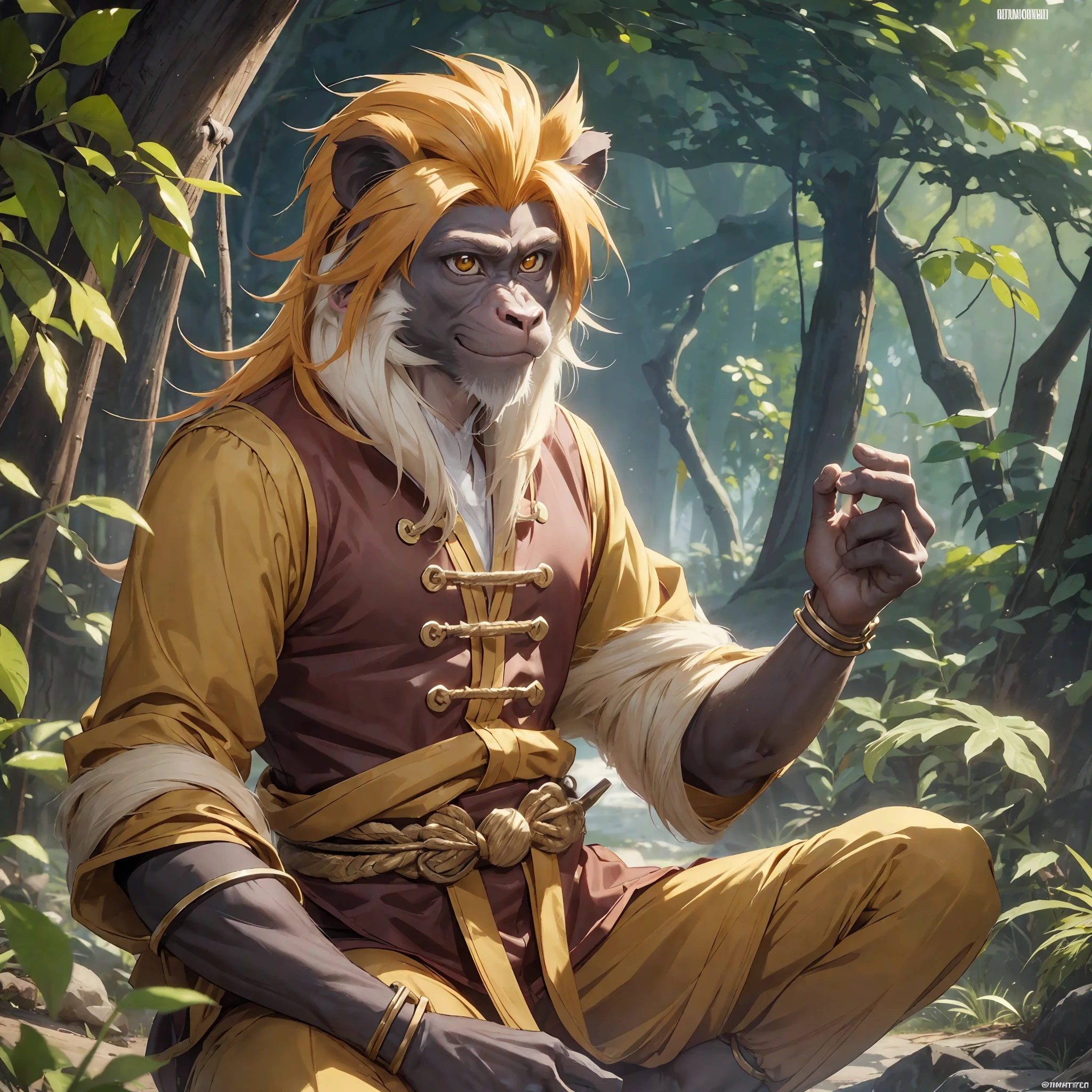 ((single), (solo), vanara (Golden Lion Tamarin Monkey), anthro, ((monkey face)), ((monkey ears)), dnd monk, male, he is wearing a monk gi, he is wearing handwraps, he is wearing ankle wraps, battle pose, upright posture, facing the camera, 8K, realistic anthropomorphism, ultra realism, anthropomorphism, anime live action, anime vibe, unreal engine, no duplicate ears, no duplicate head
