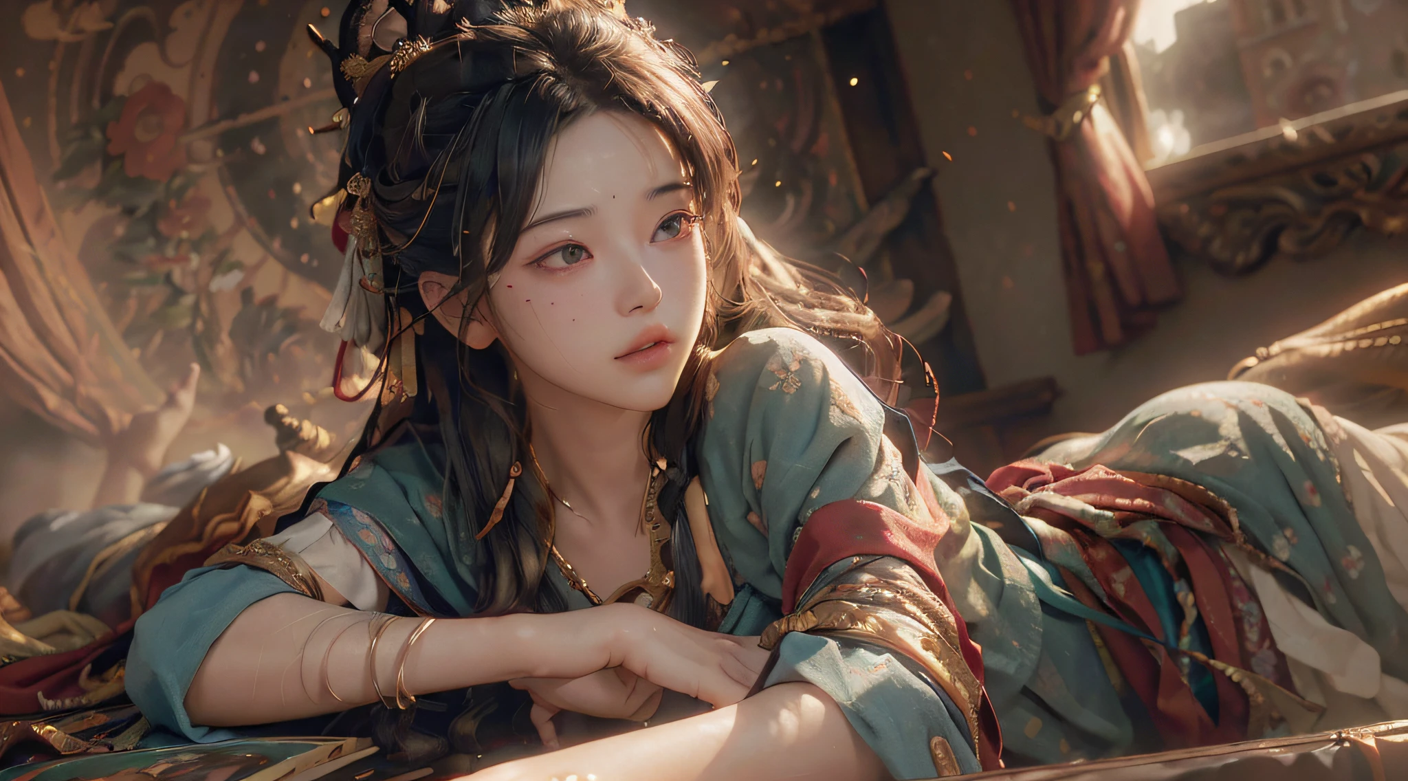 (RAW photo, best quality), (realistic, photo-realistic:1.3),best quality,highly detailed,masterpiece,ultra-detailed,illustration,1girl,upper_body,dynamic angle,world masterpiece theater,messy_long_hair,best quality,extremely detailed CG unity 8k wallpaper,ink,Amazing,cinematic lighting,lens_flare, dunhuang_style